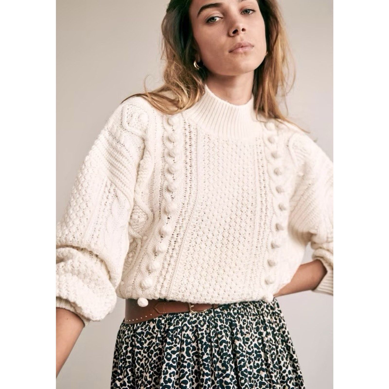 Sezane Amaury Merino Wool Bubble Mockneck Cream Sweater Xs in White, Women's
