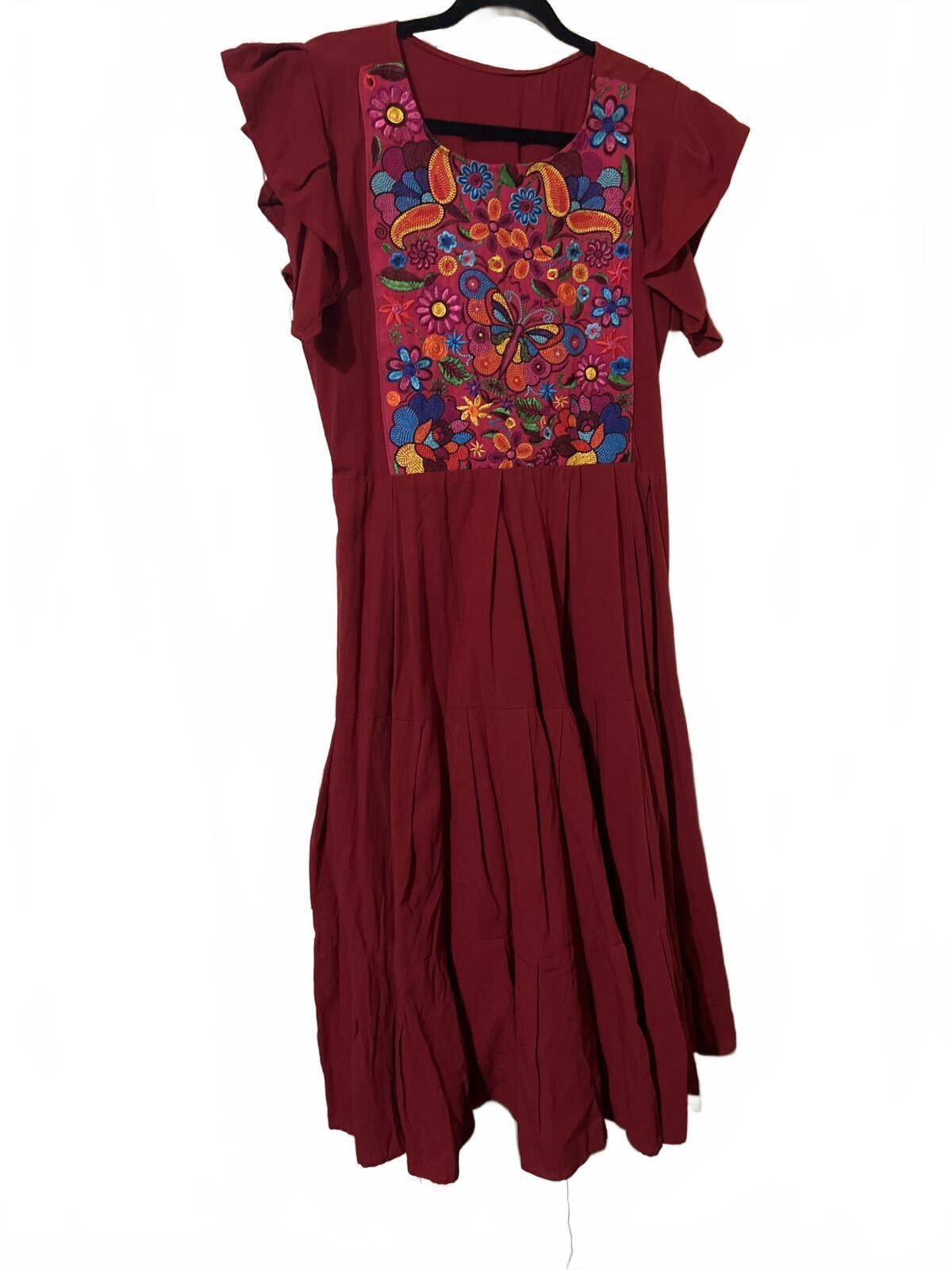 The Unbranded Brand Bohemian Embroidered Burgundy Midi Dress Butterfly XL-2X Size XL / US 12-14 / IT 48-50 - 2 Thumbnail