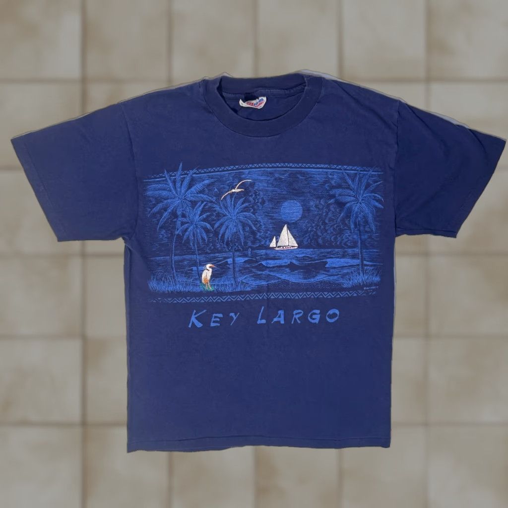 Hanes VINTAGE Hanes T-Shirt Men M Crew Neck Short Sleeve Florida Logo Embroidered Blue 1990s Souvenir Key Largo Florida Keys Cotton Jersey Size US M / EU 48-50 / 2 - 1 Thumbnail