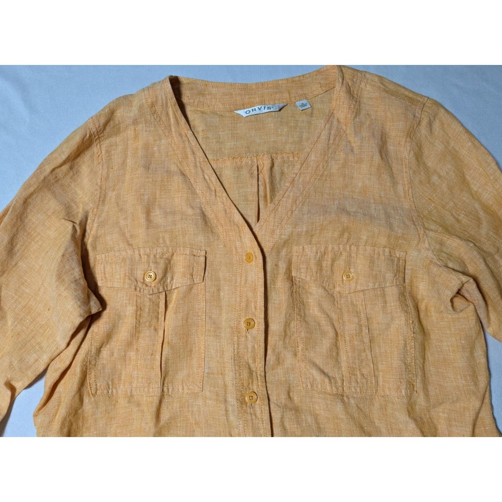 Orvis Orvis Linen Women Medium Orange V-Neck 3/4 Sleeves Button-Up Shirt Size M / US 6-8 / IT 42-44 - 3 Thumbnail