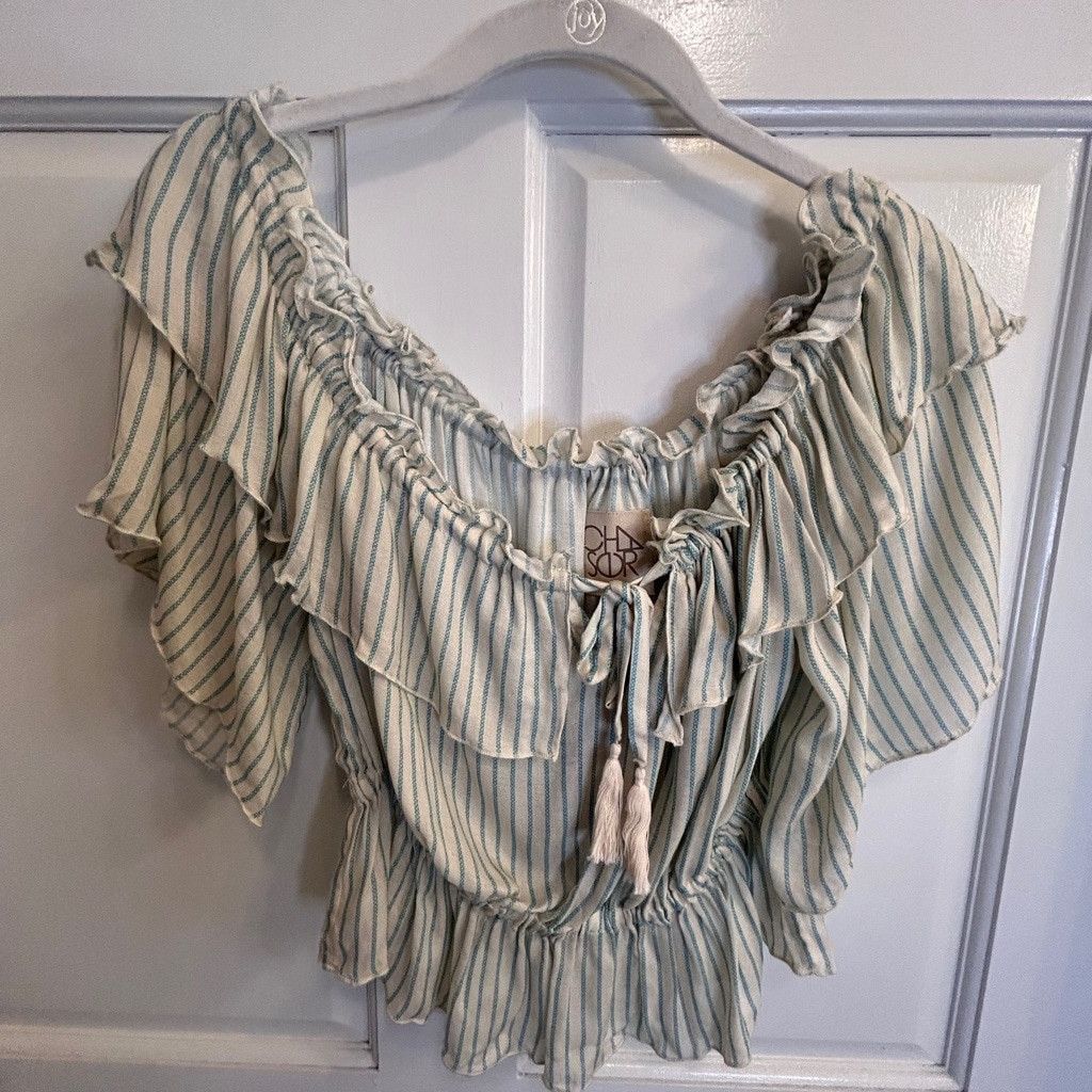 Chaser Brand Women's Chaser crop Top Size S ruffle White w/ green Stripe Size S / US 4 / IT 40 - 2 Thumbnail