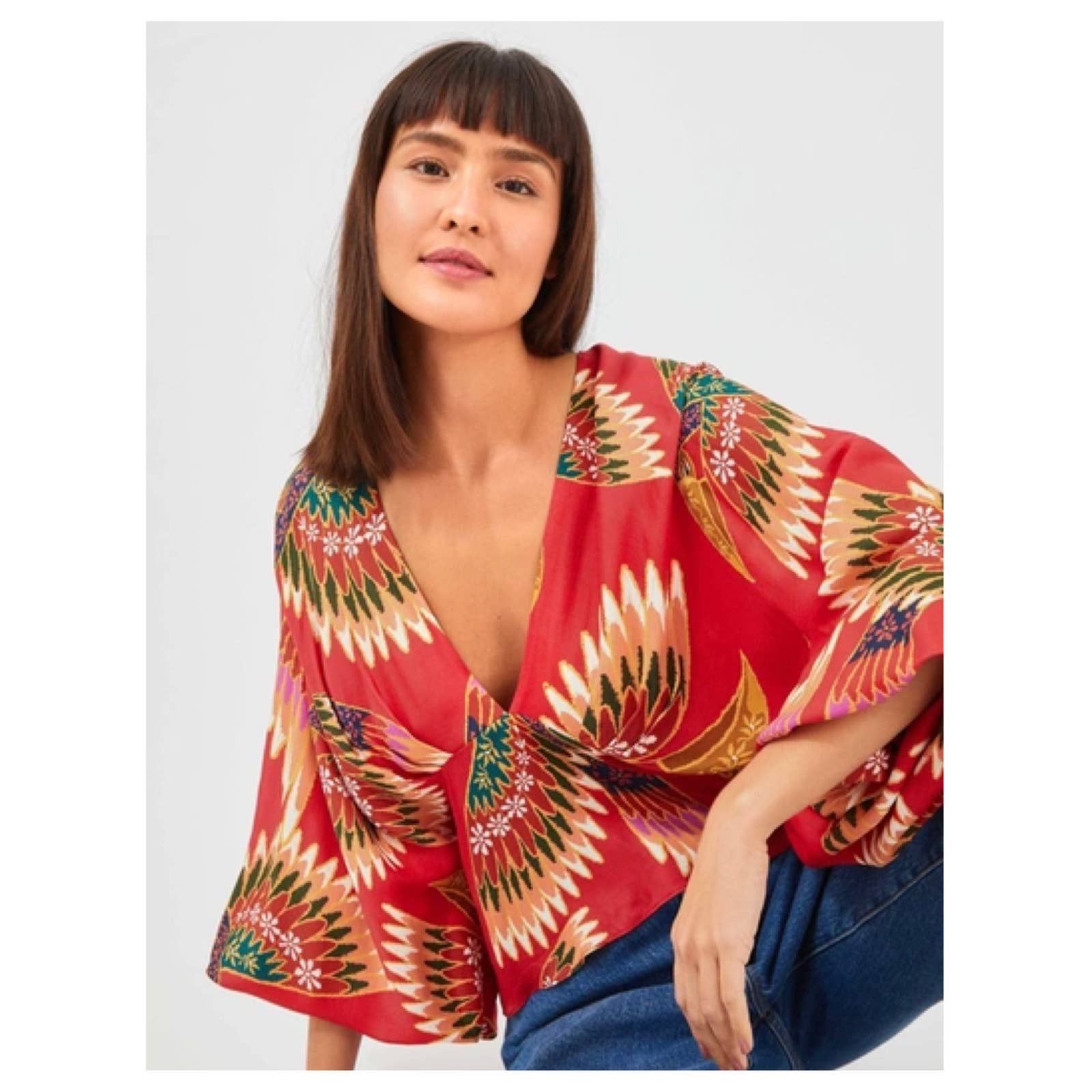 image of Farm Rio Wonderful Toucans Blouse in Red, Women's (Size XS)