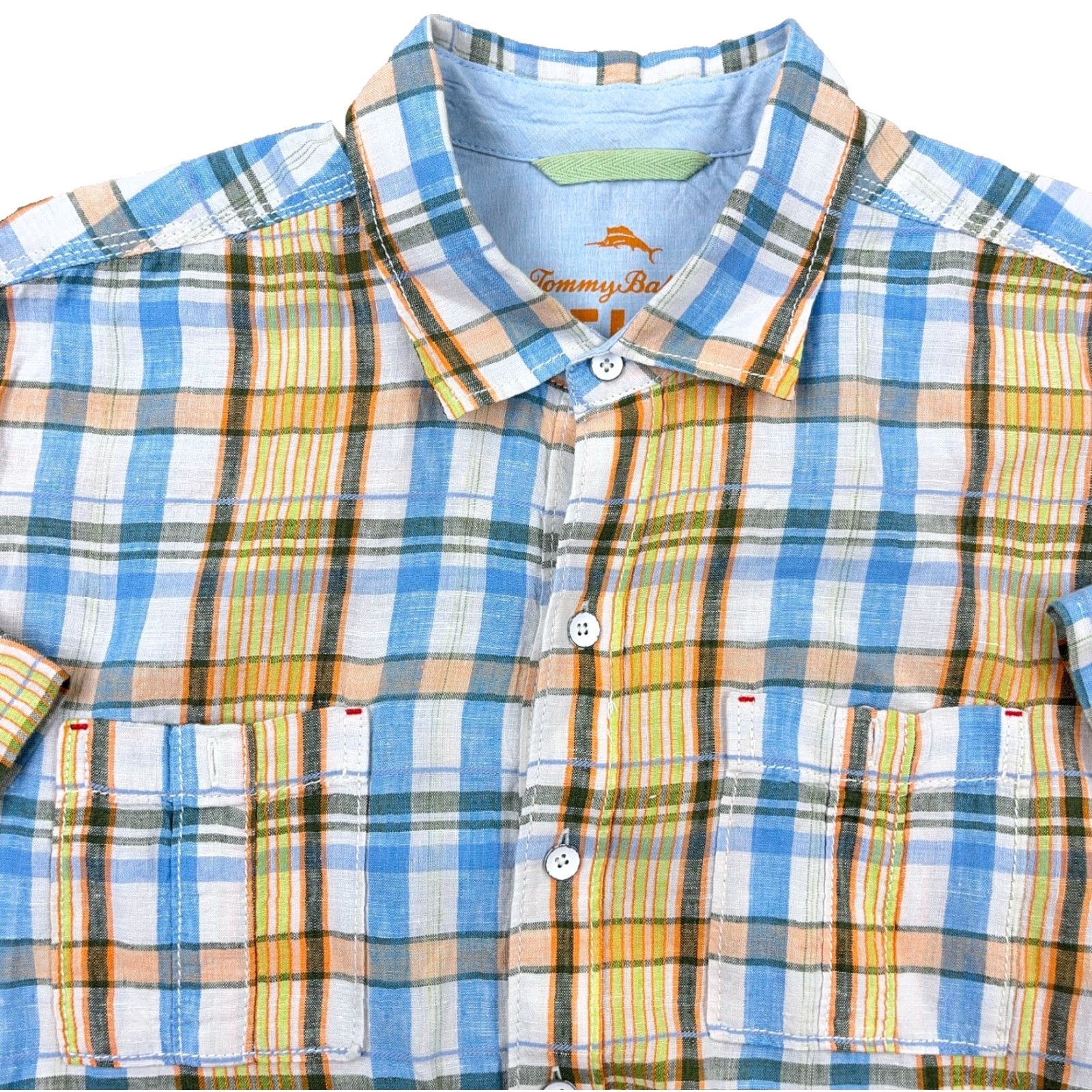 Tommy Bahama Tommy Bahama Shirt Men Medium Blue Orange Plaid Linen Button Up Camp Adult Shirt Size US M / EU 48-50 / 2 - 2 Thumbnail