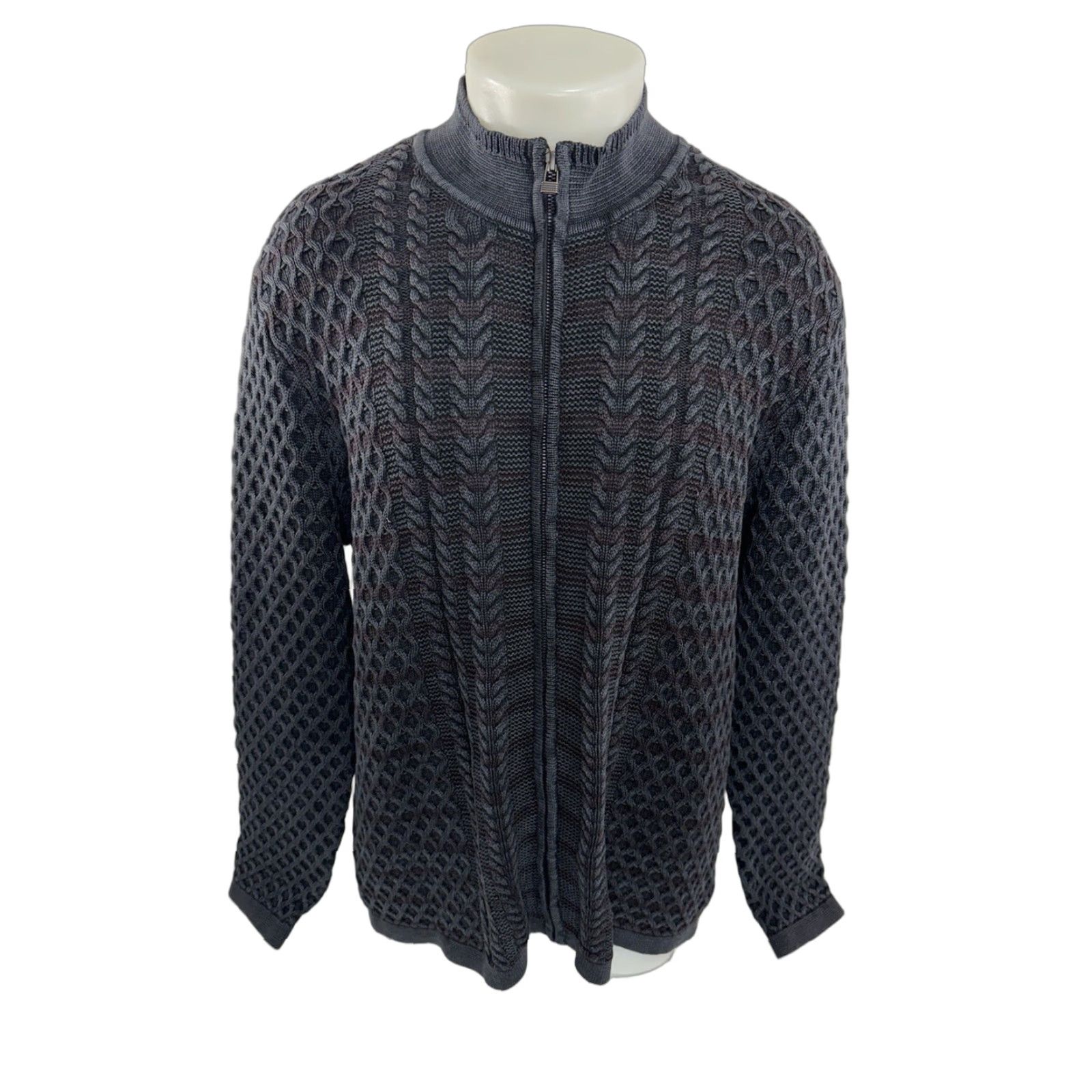 Carbon2Cobalt Carbon2Cobalt Full Zip Cable Knit Mens L Sweater Jacket Blue w Brownish Red Stripes Sweater Jacket Mens L Blue Browns Mens Size US L / EU 52-54 / 3 - 1 Thumbnail