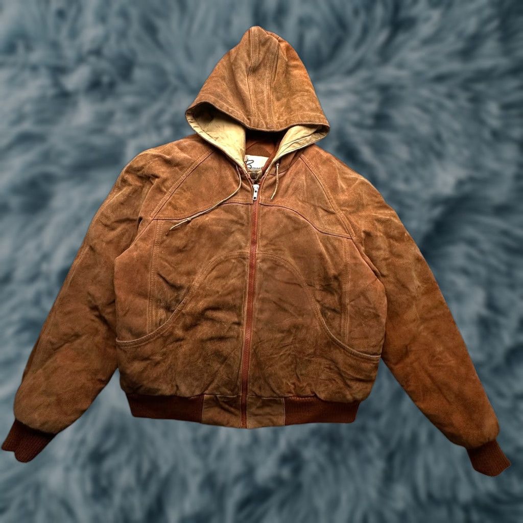 Ben Sherman VINTAGE Bermans Suede Leather Heavy Hooded Jacket Mens L Brown Bomber Jacket Size US L / EU 52-54 / 3 - 1 Thumbnail