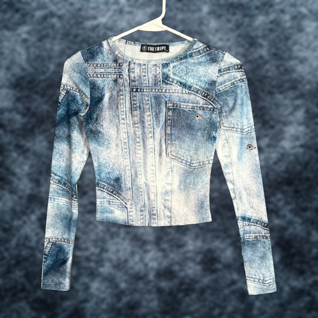 THE KRIPT VINTAGE The Kript Top Denim Print Long Sleeve Womens XXS Cropped Blue Shirt Size XXS / US 00 / IT 34 - 1 Thumbnail