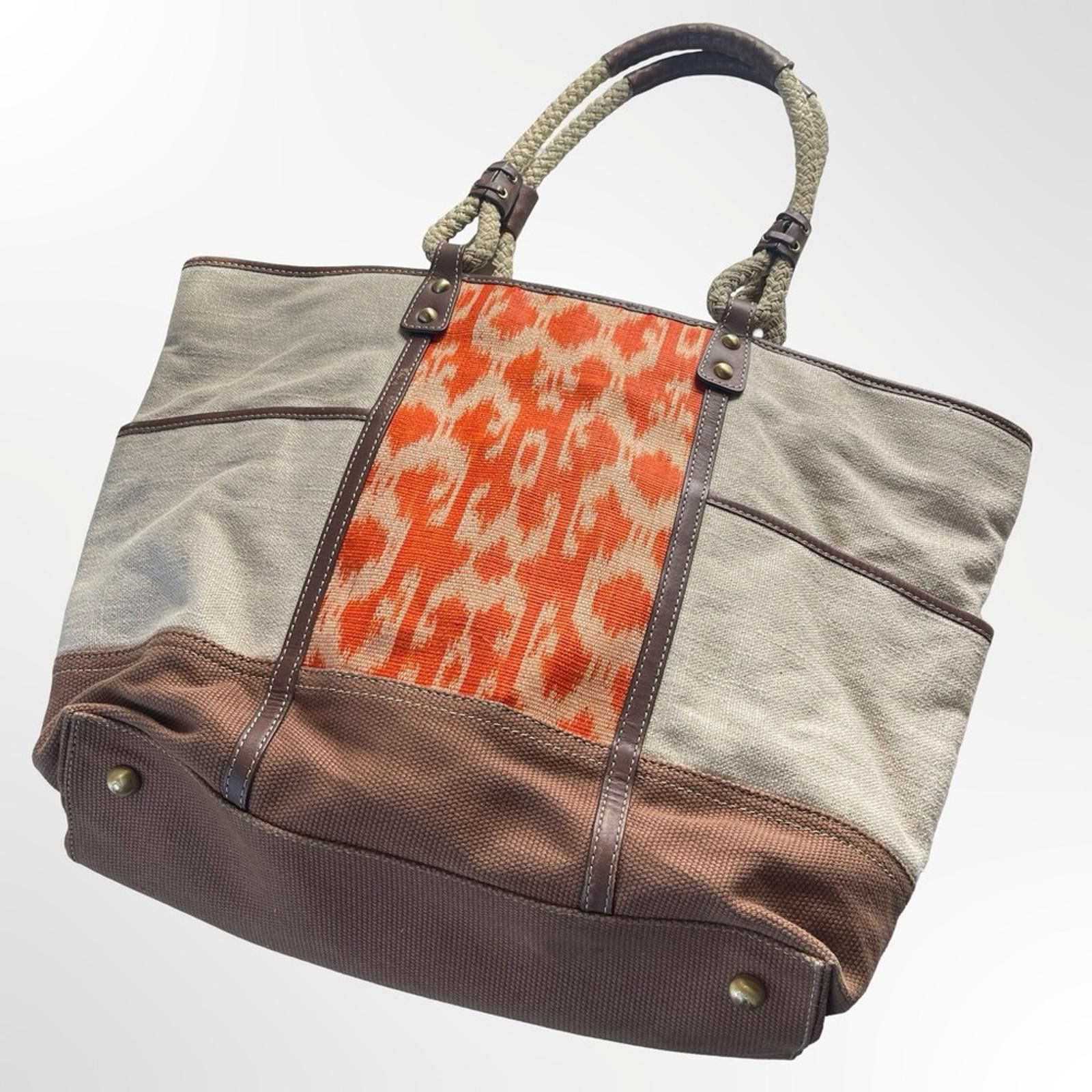 Other Rafe NY Canvas Tote Bag with Orange Ikat Panel & Brown Trim Size ONE SIZE - 2 Thumbnail