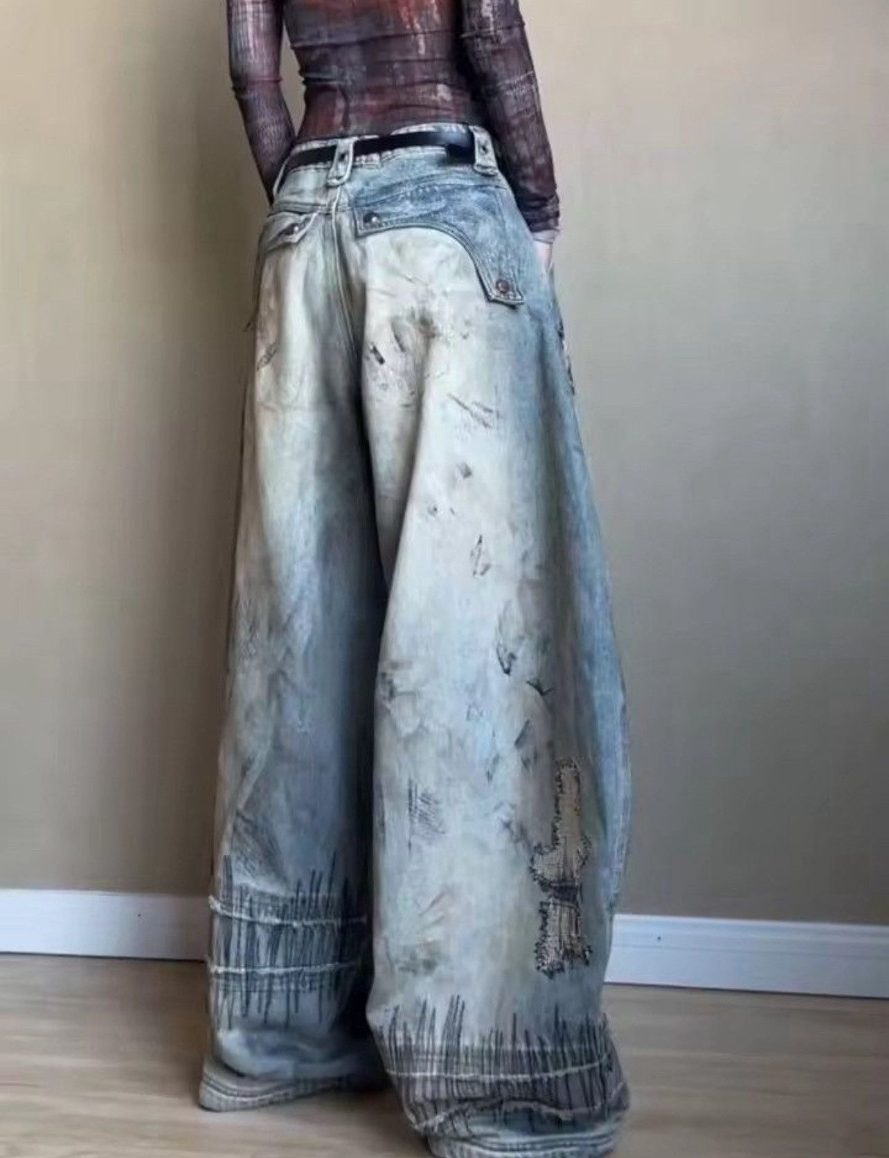 Japanese Brand Distressed and Printed Design, Loose and Wide-leg Pant Size US 31 - 4 Thumbnail
