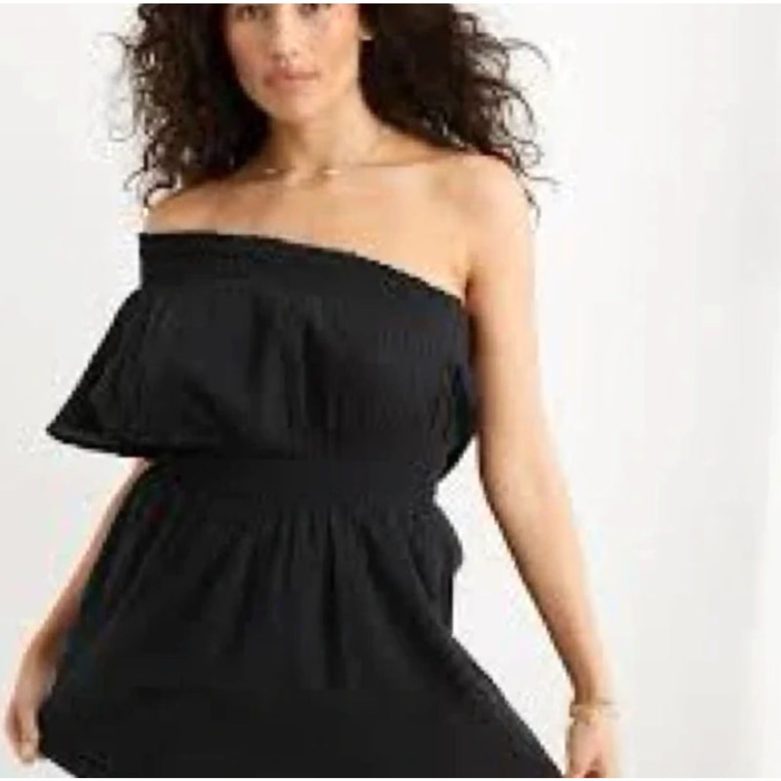 American Eagle Outfitters Aerie Womens L Black Crinkle Cotton Smocked Waist One Shoulder Dress Size L / US 10 / IT 46 - 4 Thumbnail