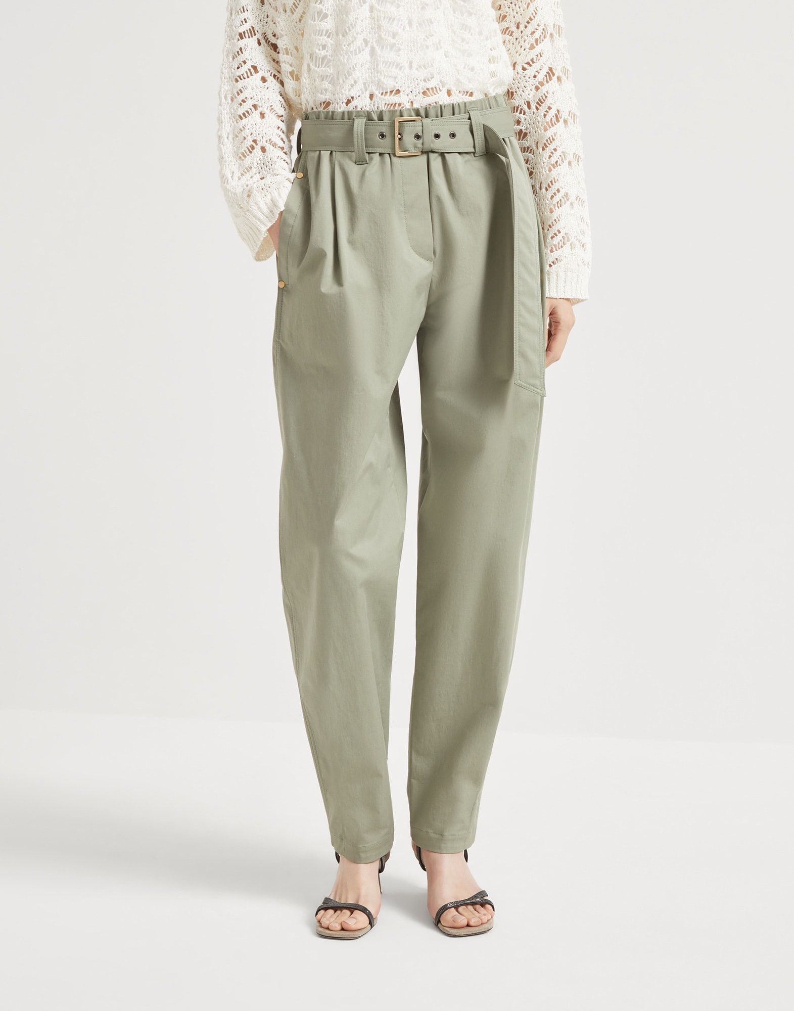 Brunello Cucinelli o1la1rc1a0326 Stretch Gabardine Baggy Belted Trousers Green Size 26" / US 2 / IT 38 - 1 Thumbnail