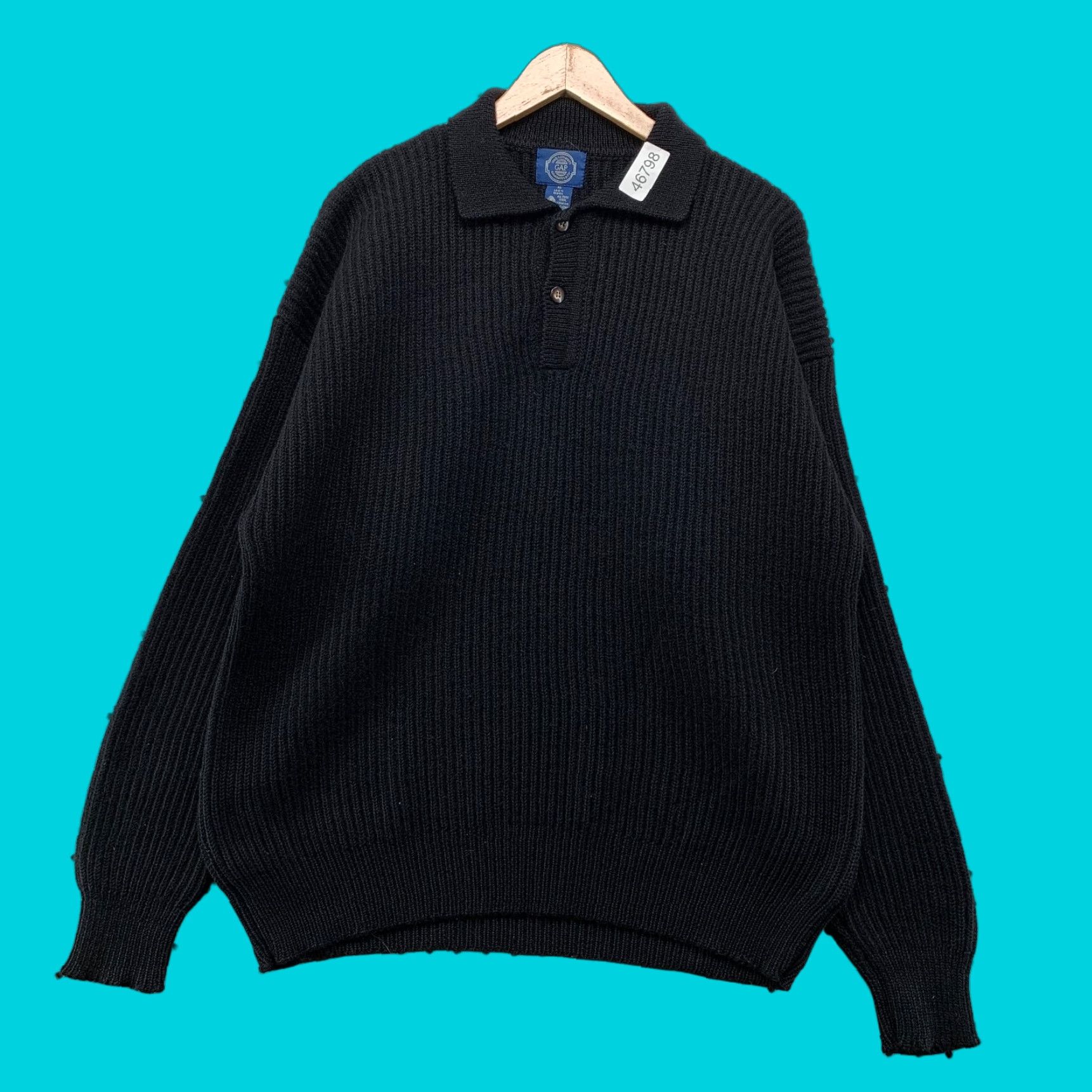 Gap VINTAGE GAP Wool 80s Sweater Mens XL Black Collared Heavyweight Ribbed Knit Pullover Knit Henley 80s Mens XL Black Wool Sweater Size US XL / EU 56 / 4 - 1 Thumbnail