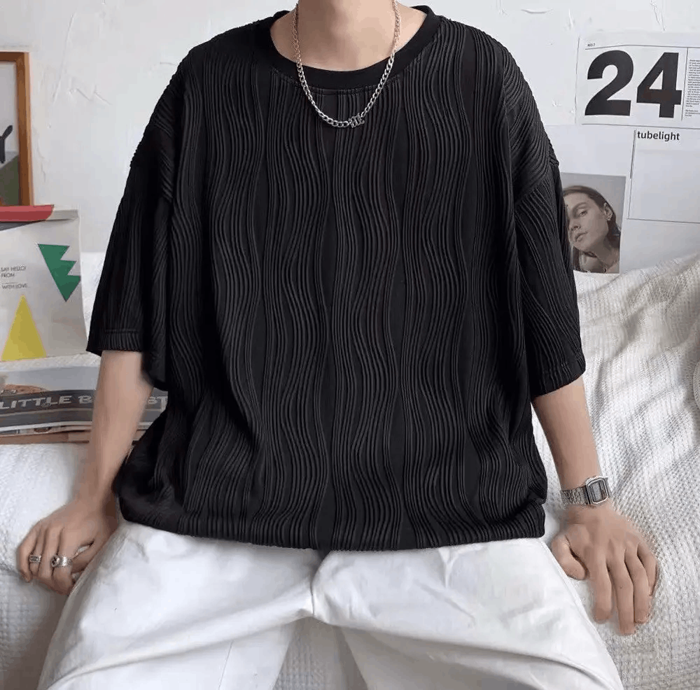 Japanese Brand × Vintage Korean fashion black wave pleats top tee Size US L / EU 52-54 / 3 - 4 Thumbnail