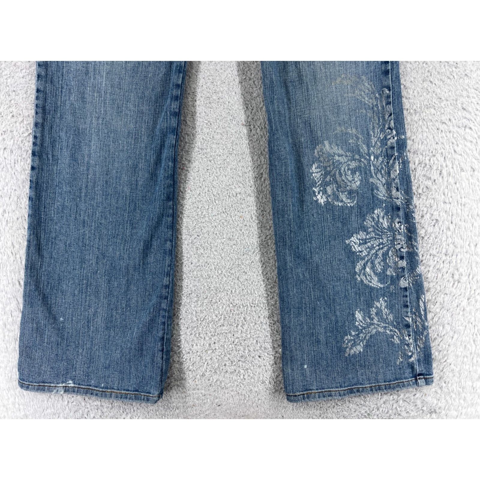 Vintage Karen Kane Jeans Womens 12 Blue Floral Denim Flared Mid Rise 30x31 Distressed Regular Fit Size 34" / US 12 / IT 48 - 2 Thumbnail