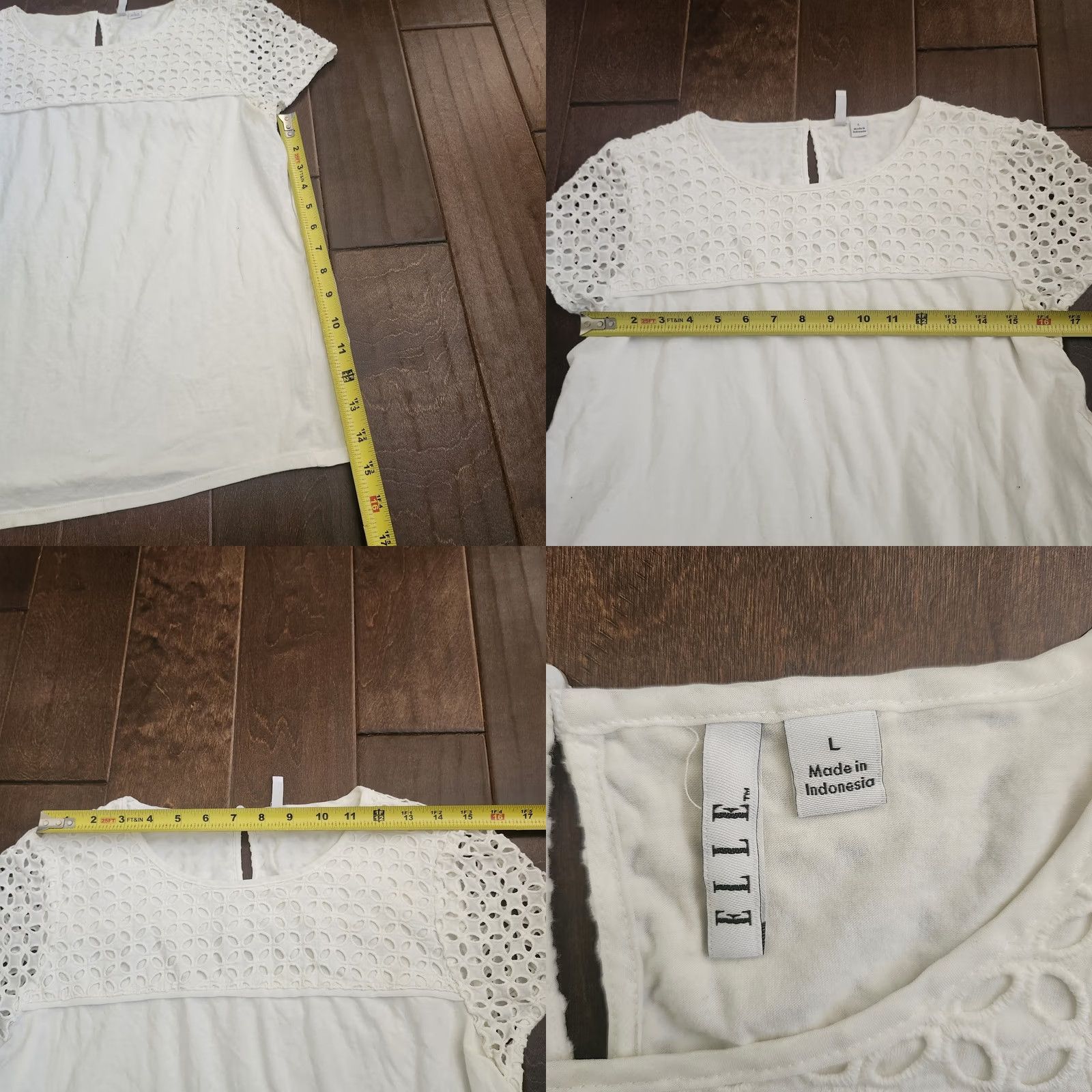 Vintage ELLE White Lace Yoke Short Sleeve Top JUNIOR L Blouse Women Shirt Casual Party/Cocktail Travel Basics Cotton Blend Pullover Slim/Regular Fit Size L / US 10 / IT 46 - 8 Thumbnail