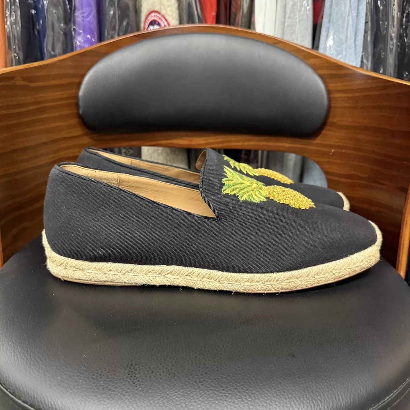 Christian Louboutin CL Pineapple Embroidered Black Red Sole Loafers 44 Like New Size US 11 / EU 44 - 4 Thumbnail