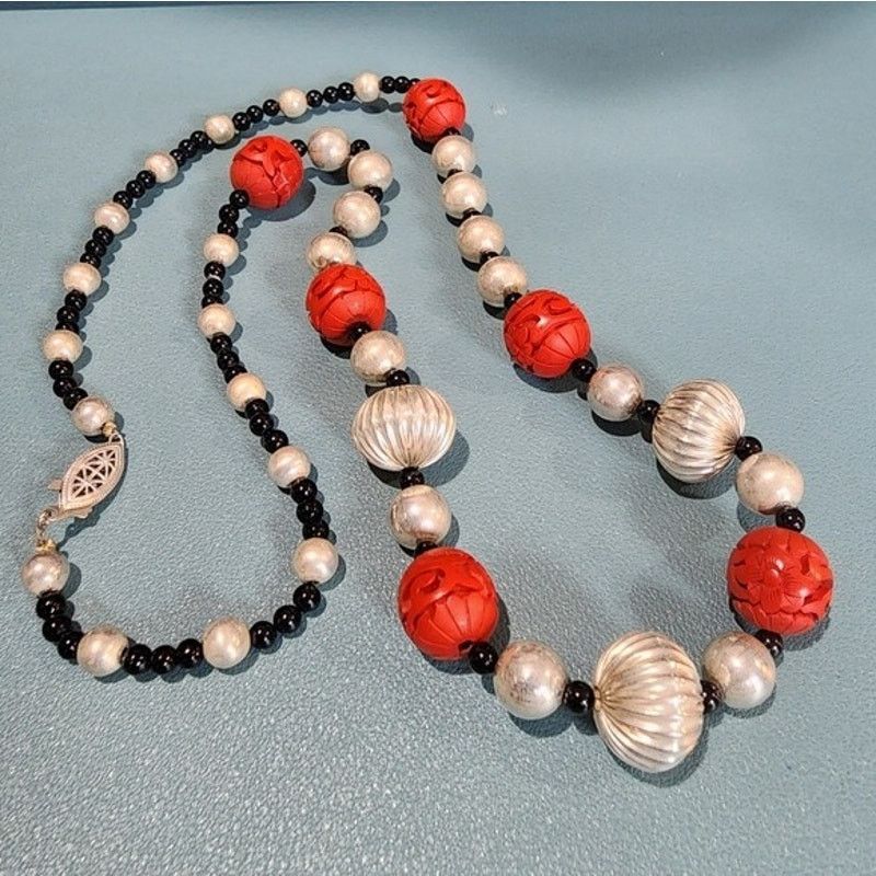 Vintage Asian Sterling Silver Carved Cinnabar Onyx Beaded Necklace Size ONE SIZE - 2 Thumbnail
