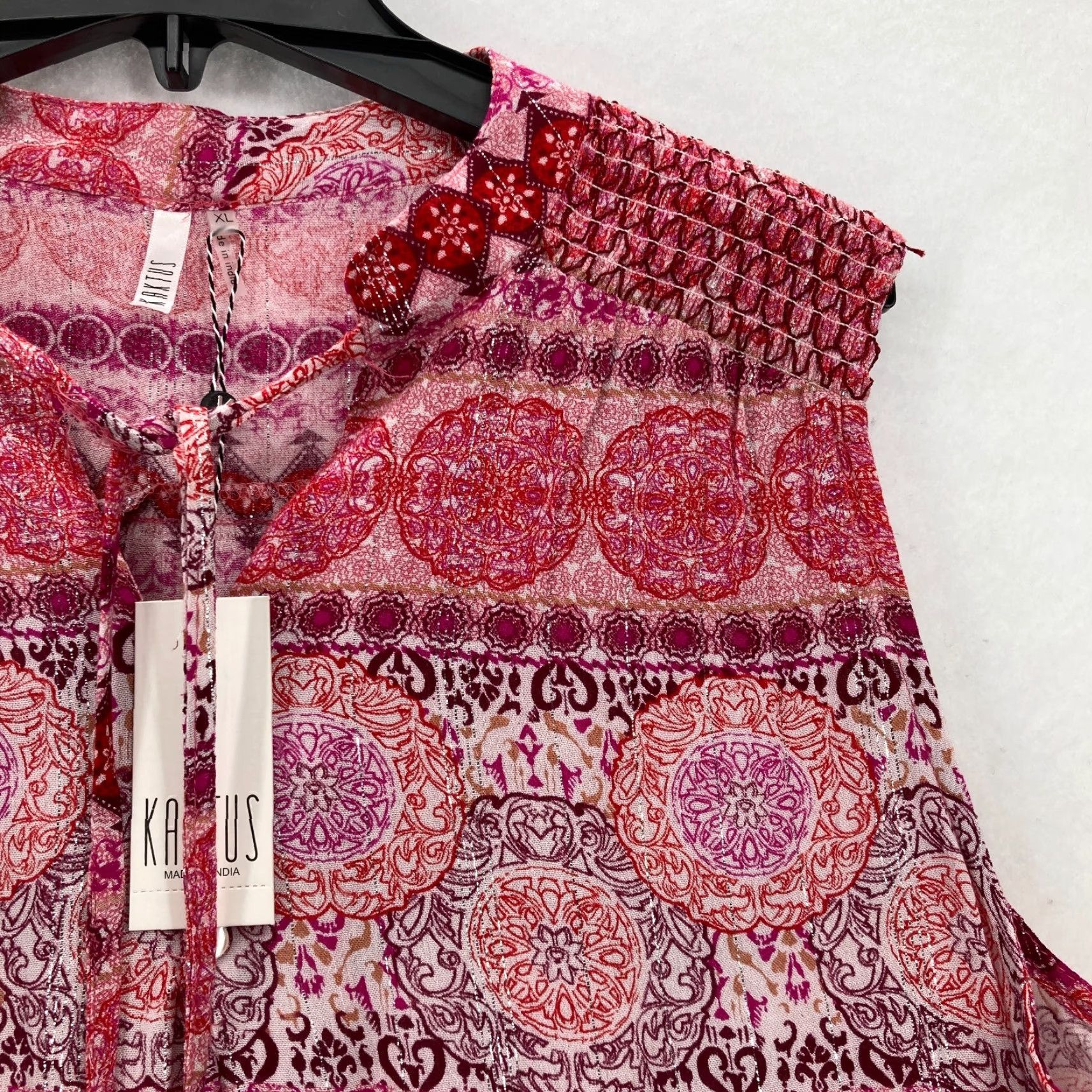 YOKE Kaktus Blouse Shirt Women Sleeveless Red Multi-Print Smocked Yoke Boho Top XL 100% Rayon Size XL / US 12-14 / IT 48-50 - 3 Thumbnail