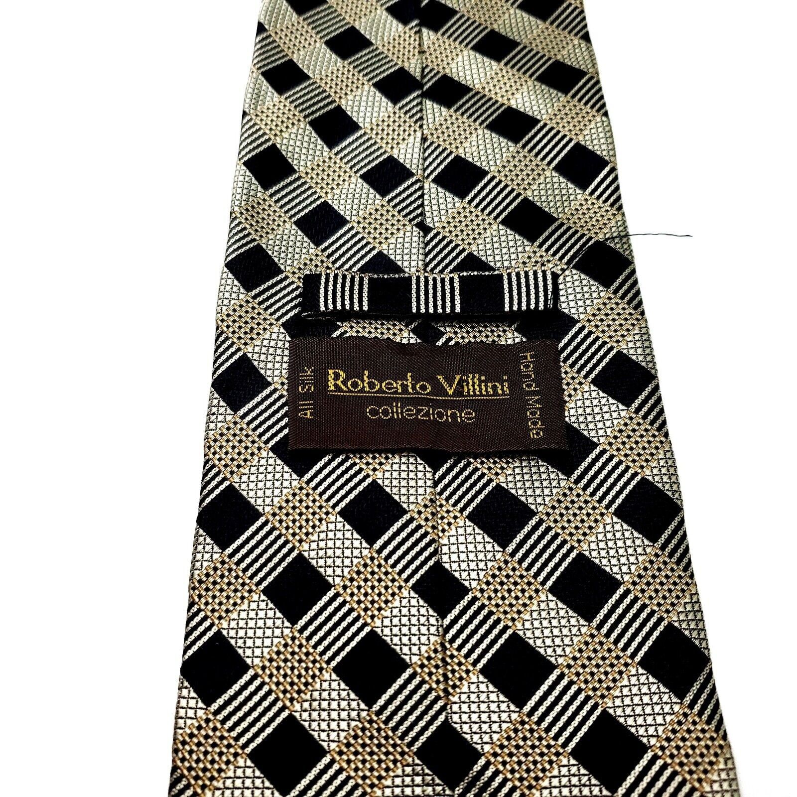 Robert Villini Roberto Villini Silk Tie Woven Black Gold Plaid Wide Size ONE SIZE - 3 Thumbnail