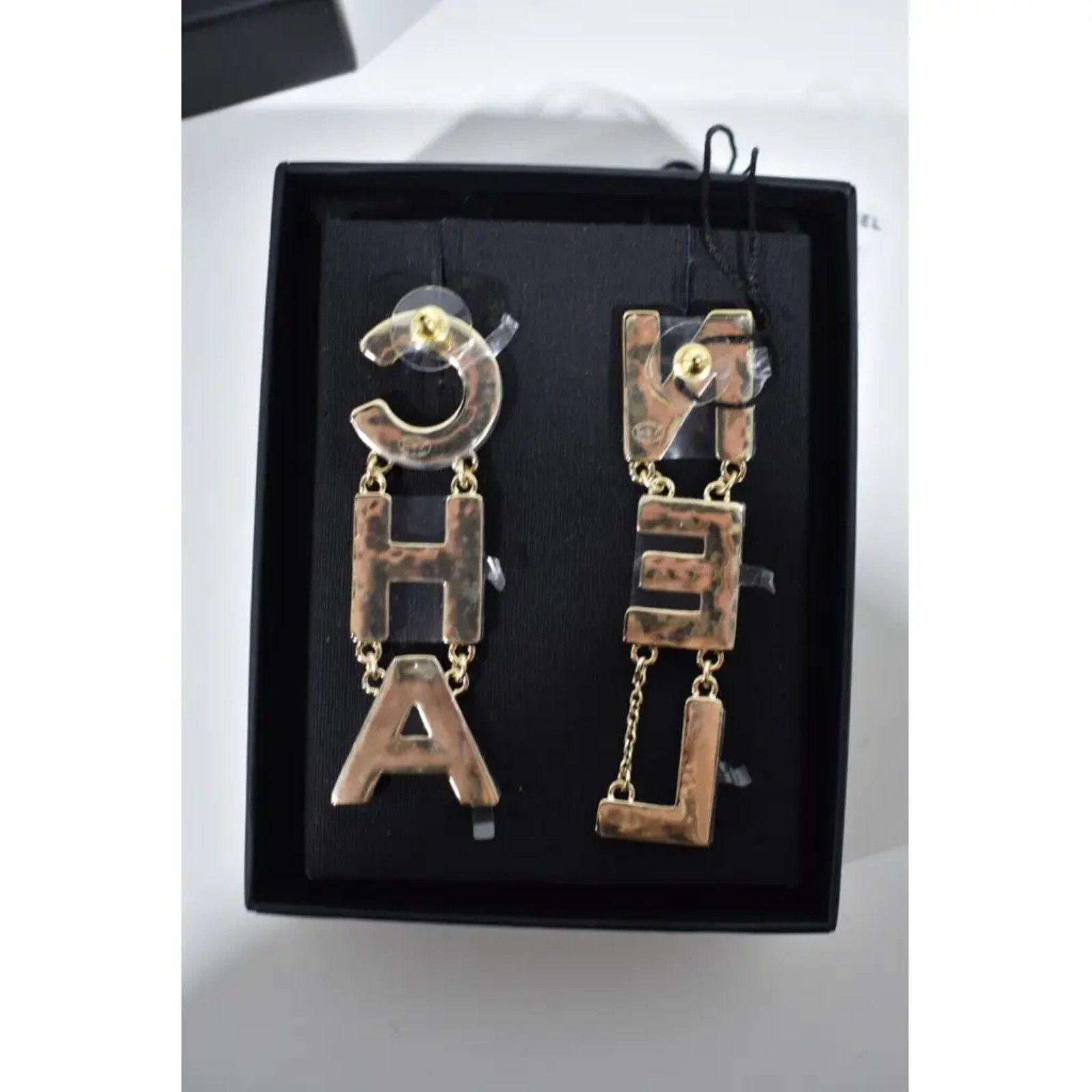 Chanel Chanel Gold CHA NEL Letter Logo Large Dangle Drop Earrings Size ONE SIZE - 6 Thumbnail