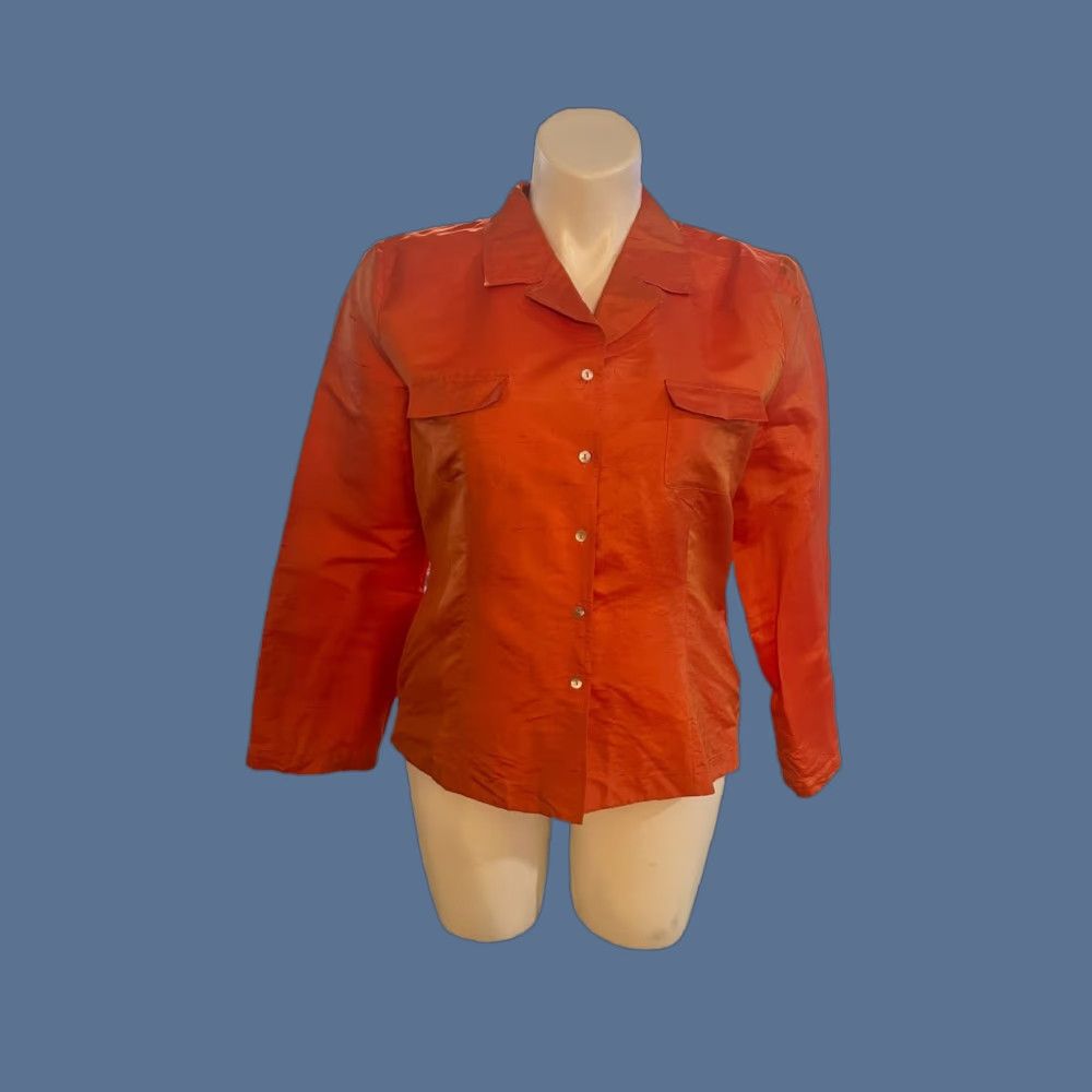Vintage Allison Taylor Silk Blouse Orange Long Sleeve Button Up XL V-Neck Women's 100% Silk, Woven, Classic, Button, Collar, Dry Clean Only, EUC Size XL / US 12-14 / IT 48-50 - 1 Thumbnail