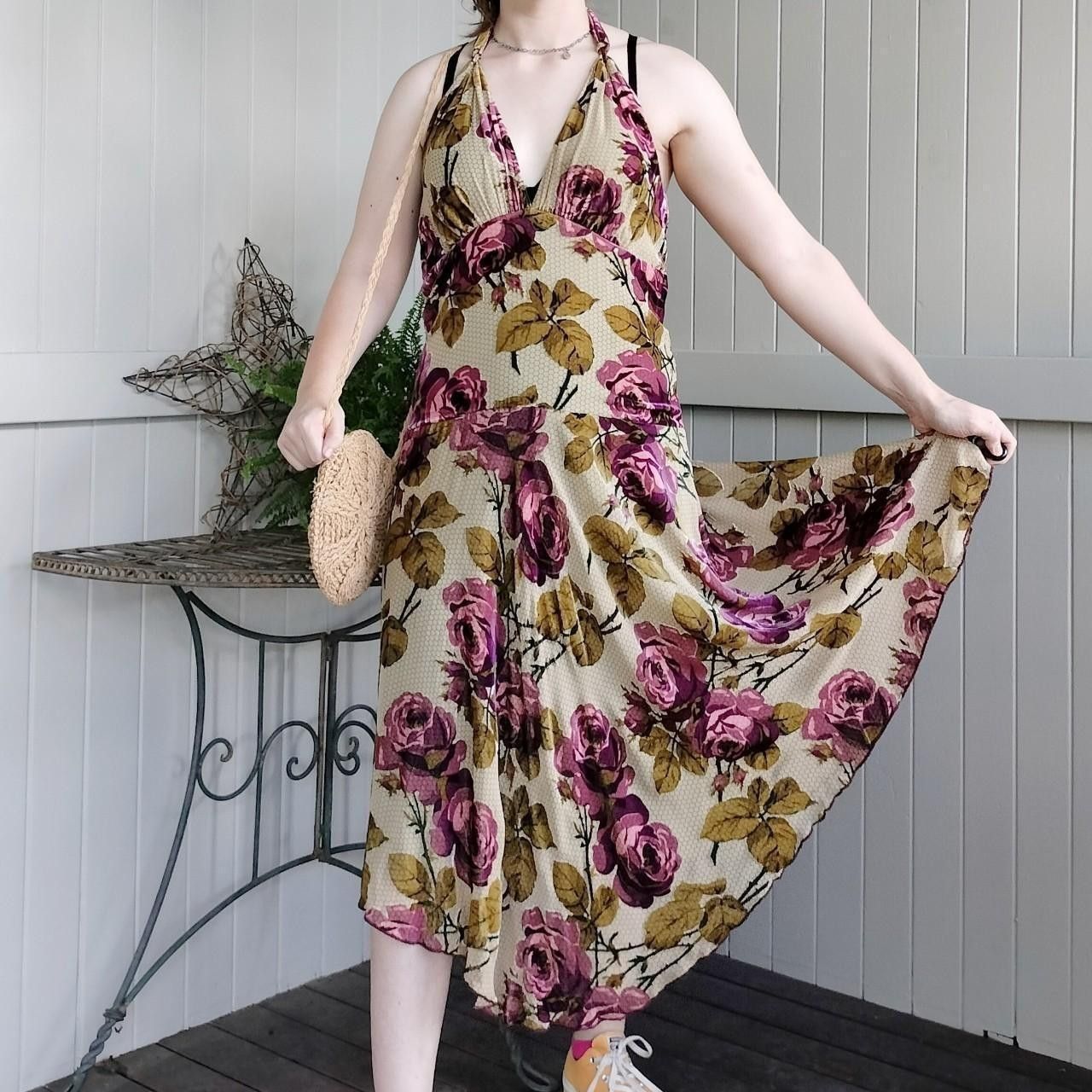 Designer × Man Made In Australia × Vintage Vintage Y2K 2000s Gerry Shaw Dress Silk Floral Halter Velvet Size L / US 10 / IT 46 - 1 Thumbnail