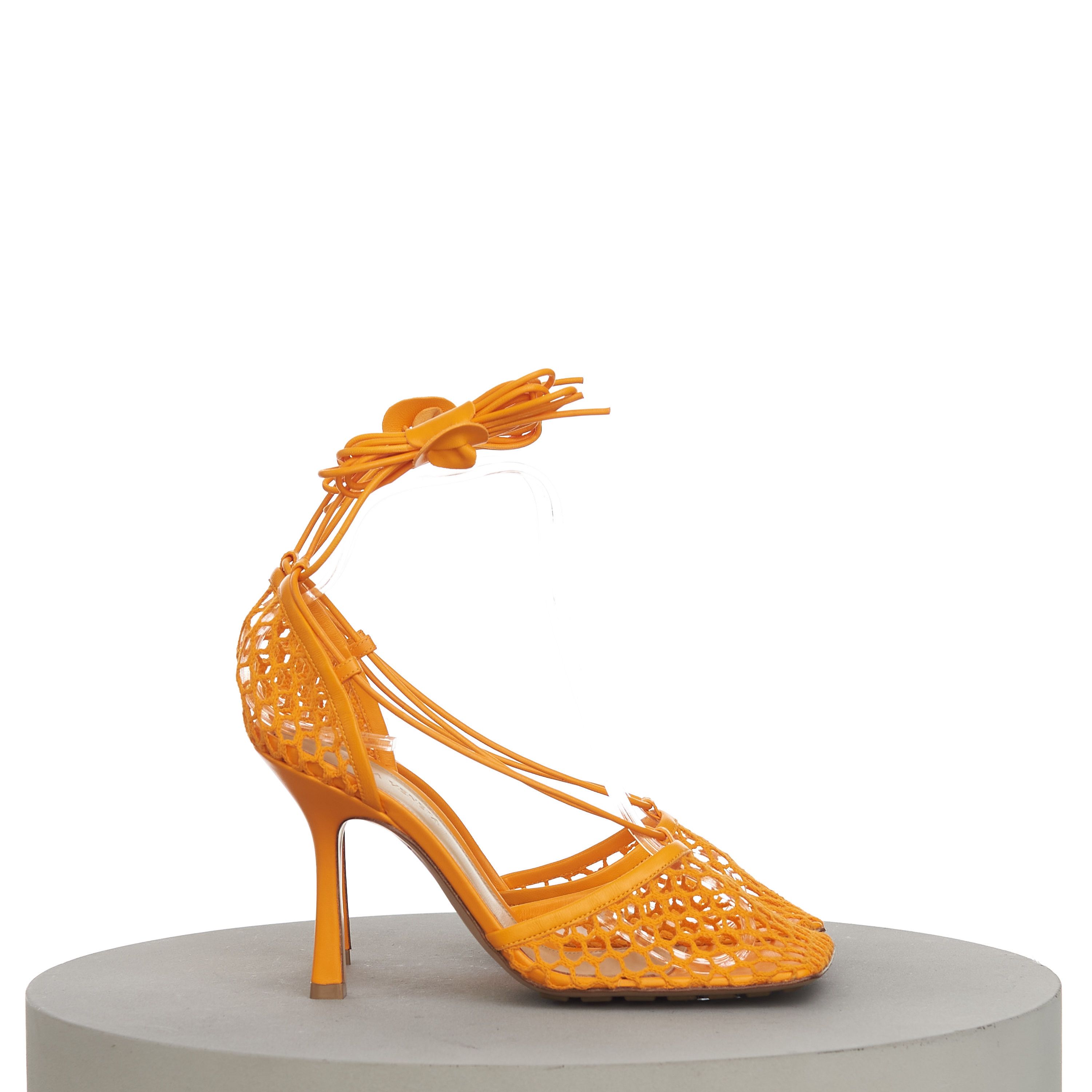 image of Bottega Veneta Stretch Sandals In Tangerine Orange Mesh & Leather, Women's (Size 8)
