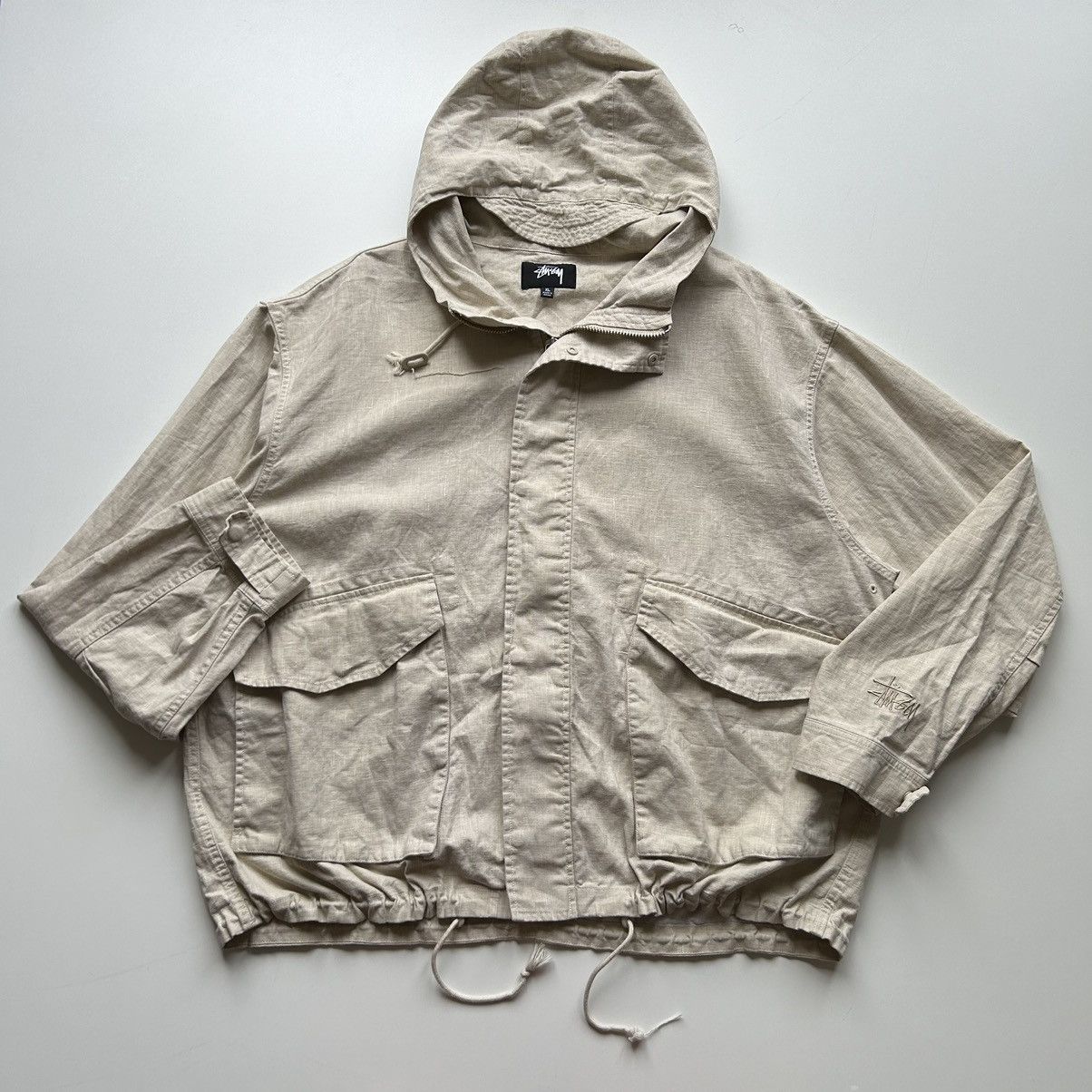 image of Stussy Short Parka Waxed Linen Anorak Jacket XL Natural in Khaki, Men's