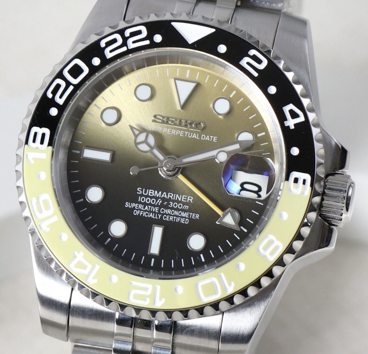 Japanese Brand Seiko Mod Gmt-Master 2 Black Yellow Steel Watch Jubilee 41mm Size ONE SIZE - 2 Thumbnail