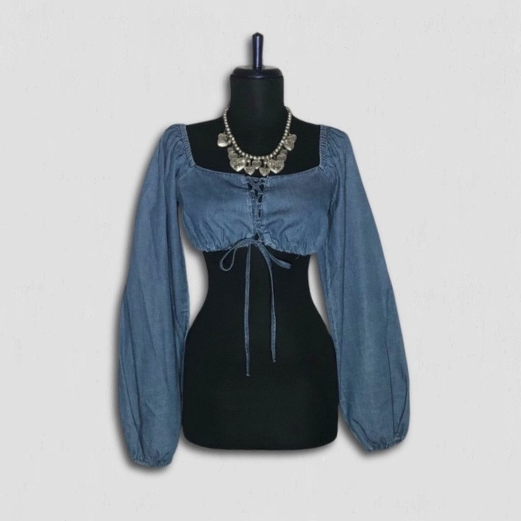 Vintage Cropped Top Front Tie Long Sleeves Chambray Blue sz S Size S / US 4 / IT 40 - 2 Thumbnail