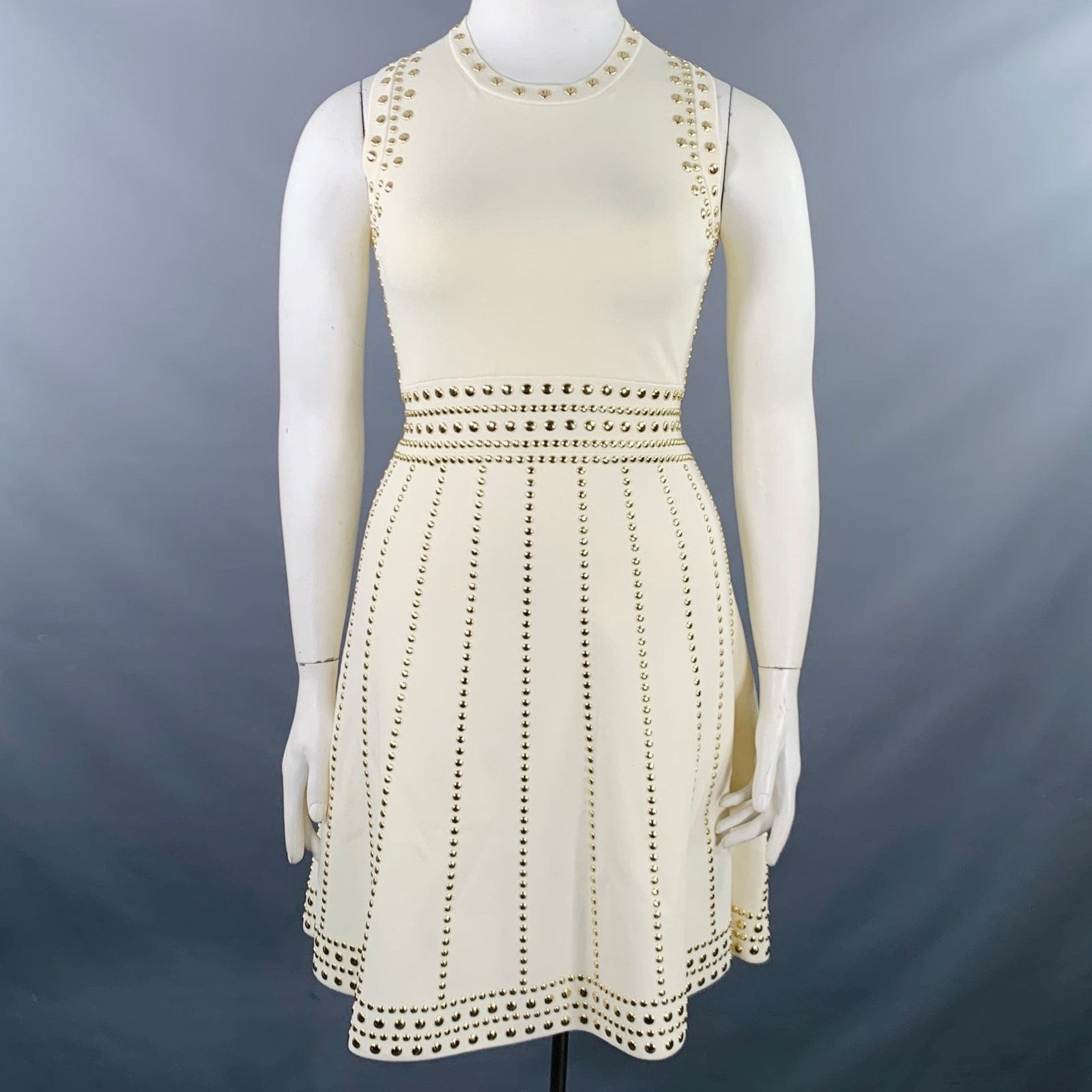 Michael Kors MICHAEL KORS Cream Gold Viscose Studded Sleeveless Dress Size L / US 10 / IT 46 - 1 Thumbnail