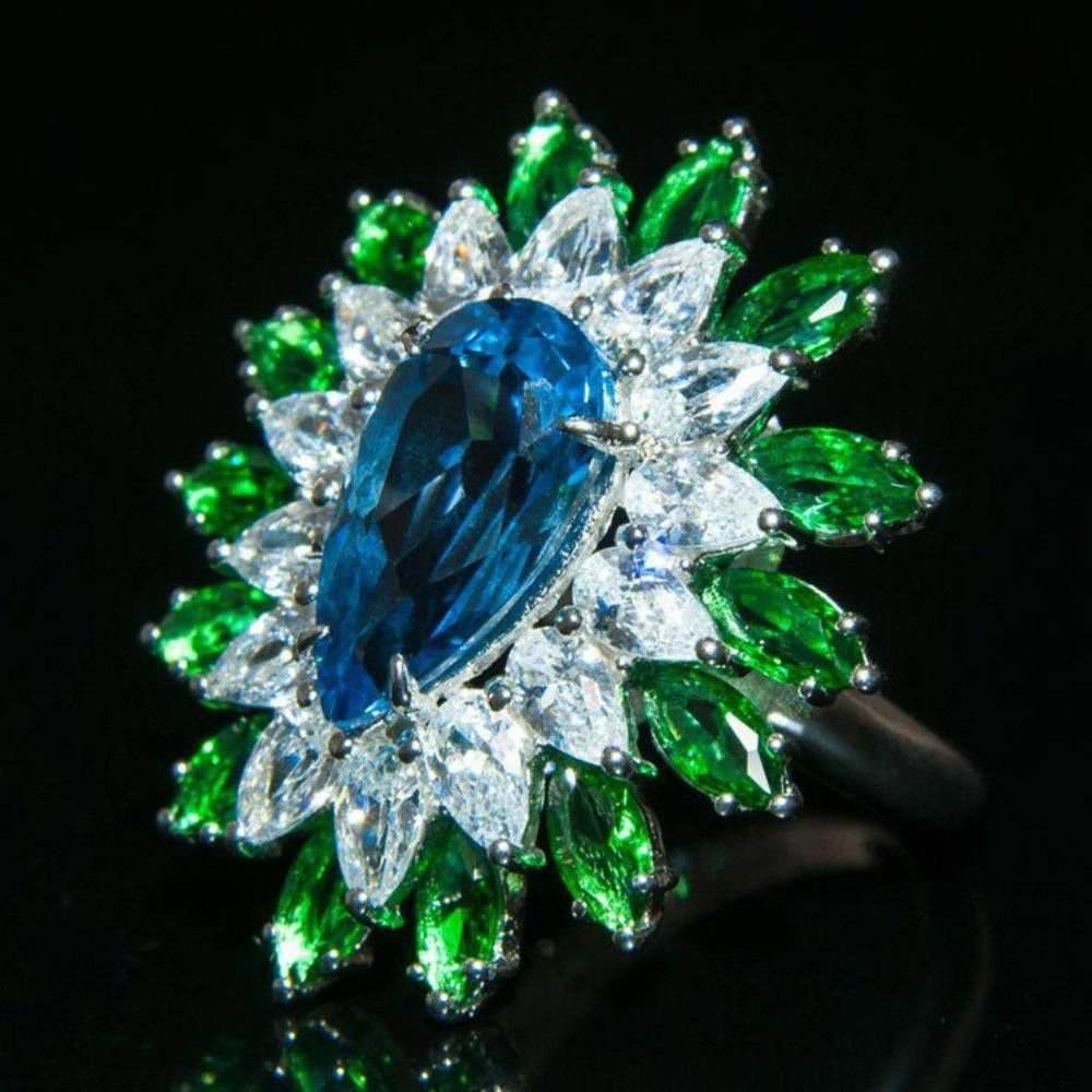 Designer 25mm Pear Cut Blue Water Drop Topaz Flower Ring - Size 6 Size ONE SIZE - 5 Thumbnail