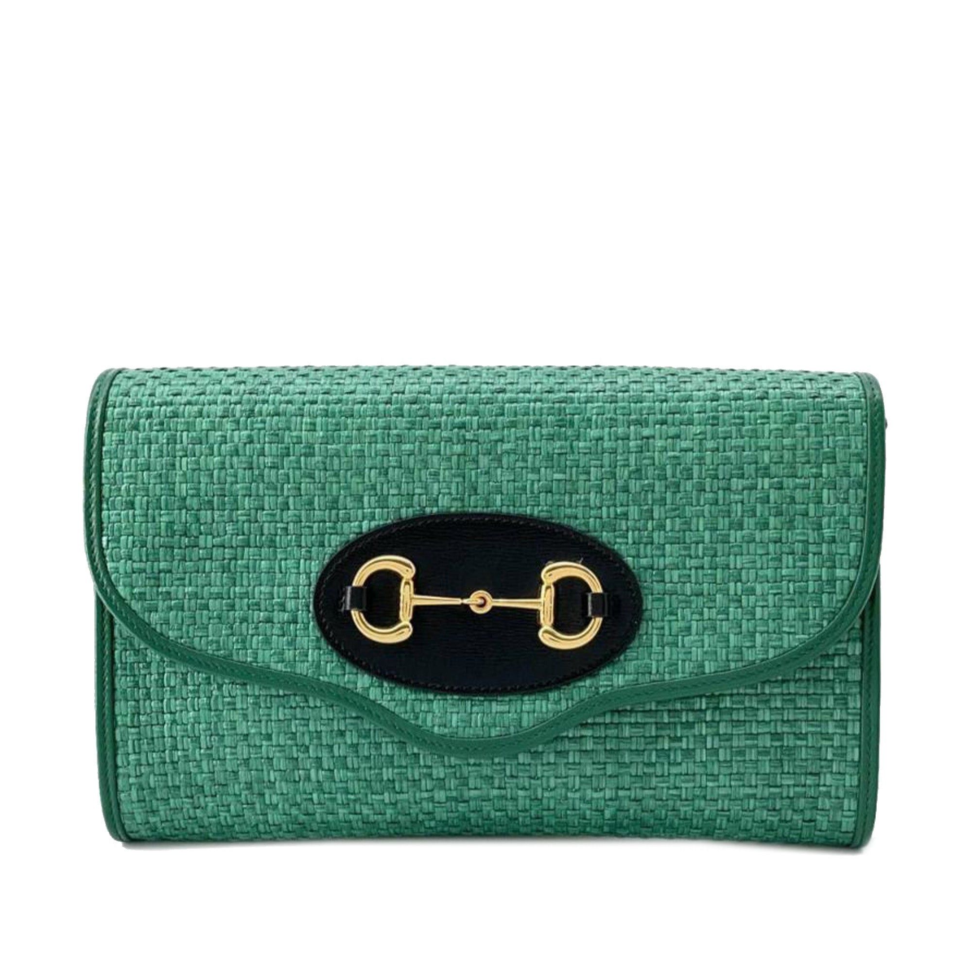 image of Gucci Raffia Horsebit 1955 Chain Bag in Green, Women's