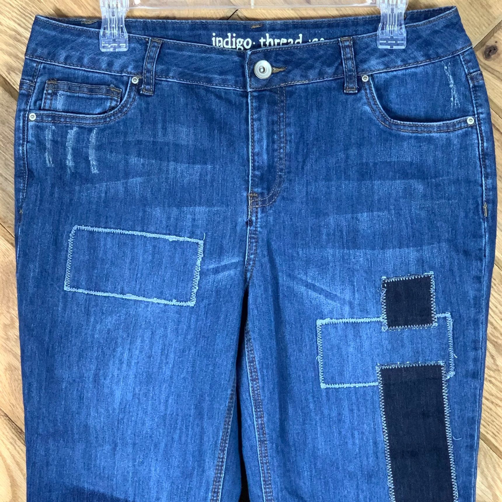 Denime Indigo Jeans Womens Patchwork Ankle Indigo Thread 10 Blue Denim 5-Pocket Zipper Button Rise Mid Fall Spring Summer Winter Classic Fit Womens Size 32" / US 10 / IT 46 - 2 Thumbnail