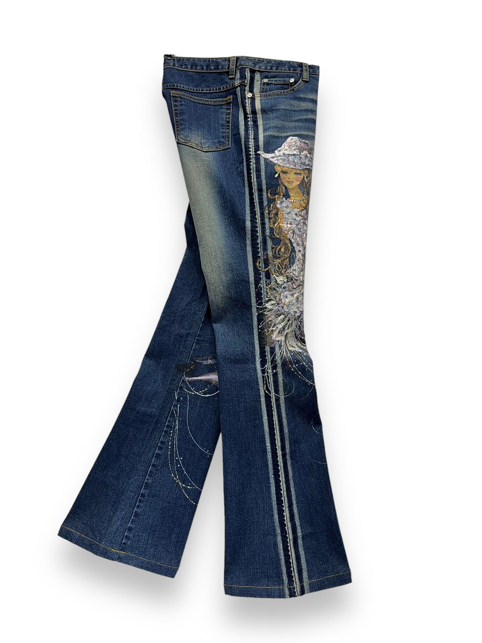 Art Comes First ART💥 CELTA Hand Painting Stretch Denim Flared Size US 29 - 4 Thumbnail