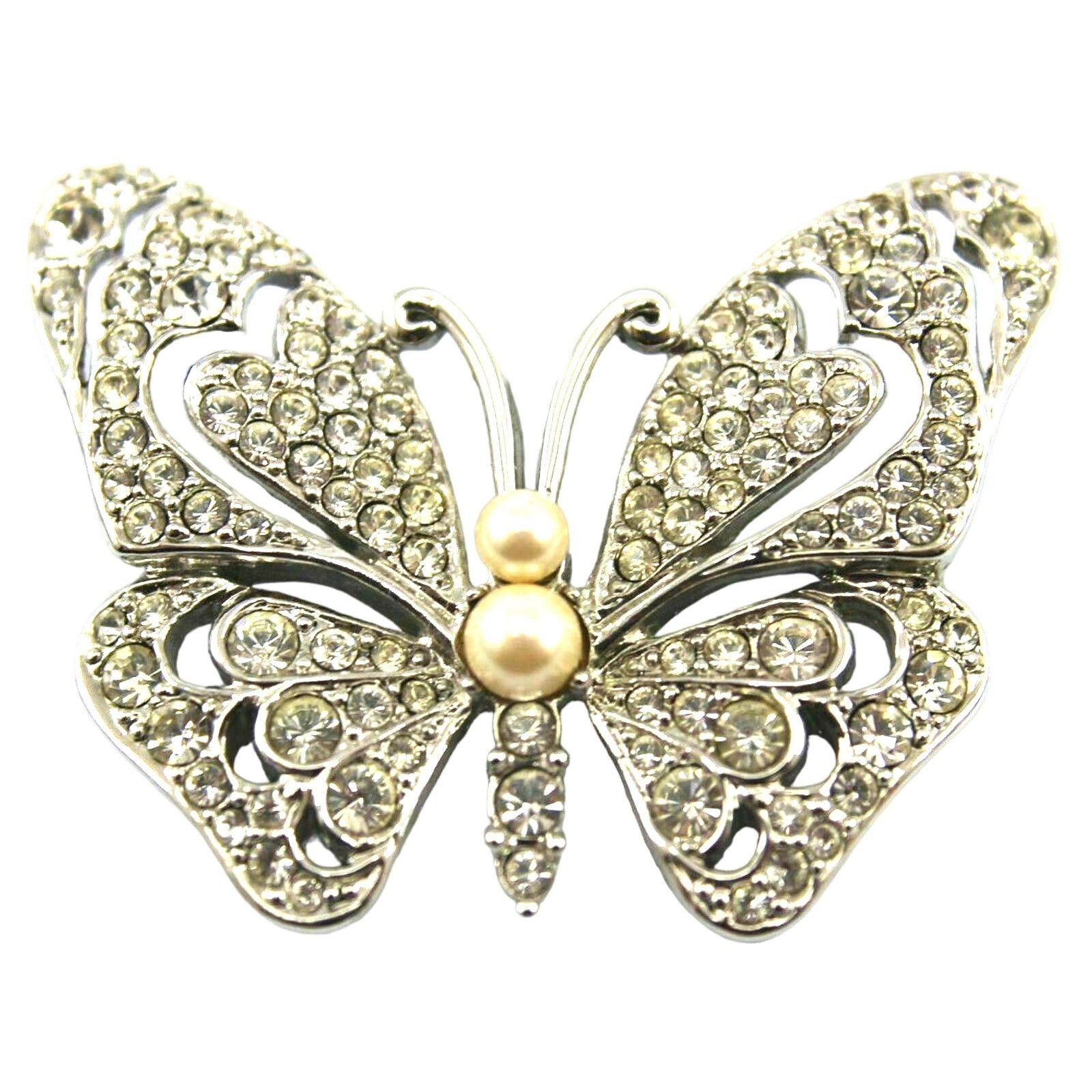 Monet Monet Rhinestone Faux Pearl Silvertone Butterfly Brooch Pin Size ONE SIZE - 1 Thumbnail