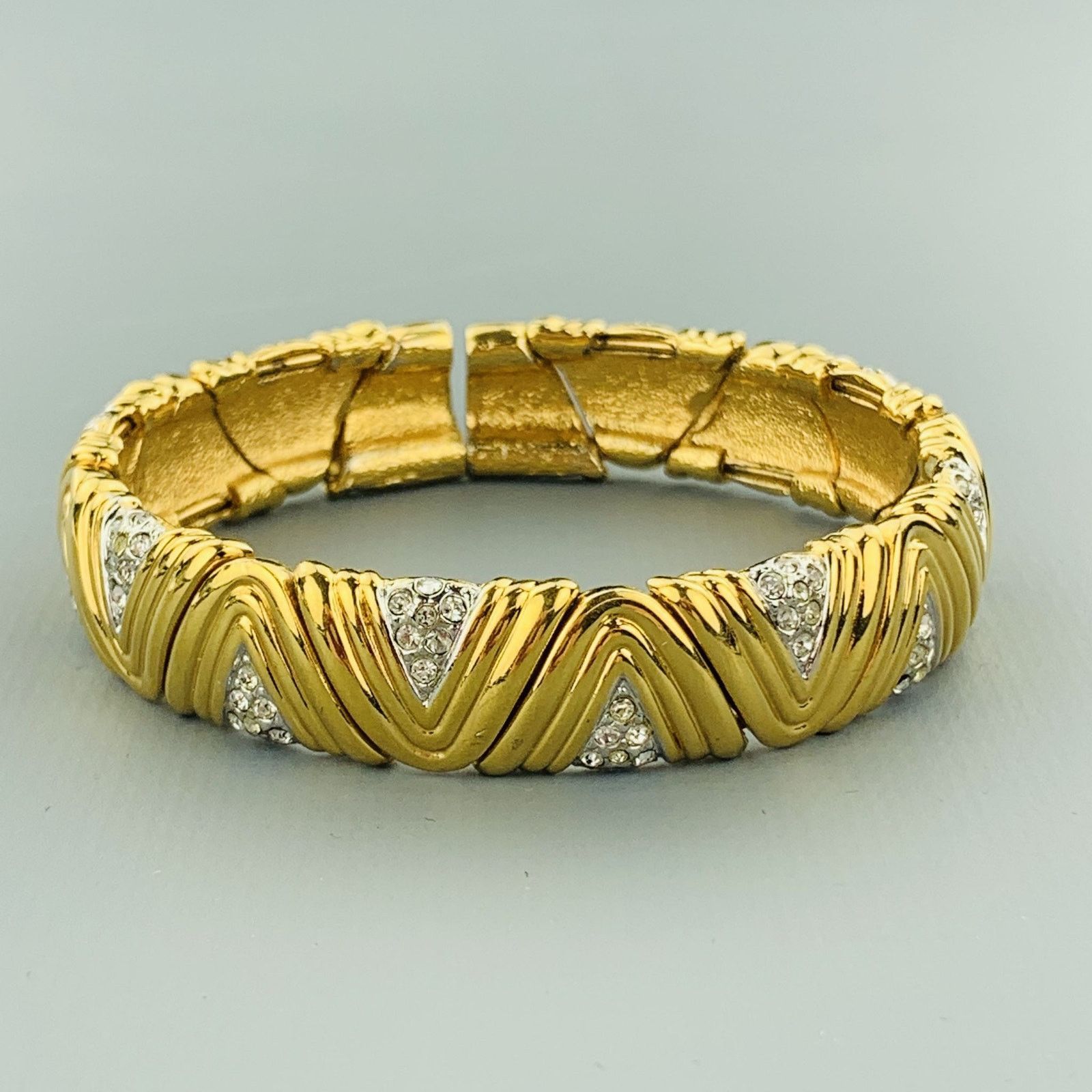 Vintage Vintage Gold Tone Rhinestones Textured Open Cuff Bracelet Size ONE SIZE - 1 Thumbnail