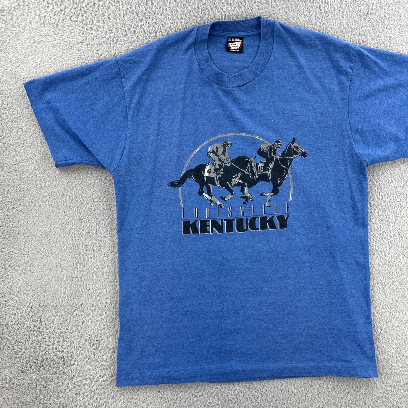 Vintage VINTAGE Screen Stars Best Mens XL Blue Single Stitch Shirt Made In USA Louisville Ky Shirt XL Blue Mens Short Sleeve Crew Neck Knit USA Theme 90s? Size US XL / EU 56 / 4 - 3 Thumbnail