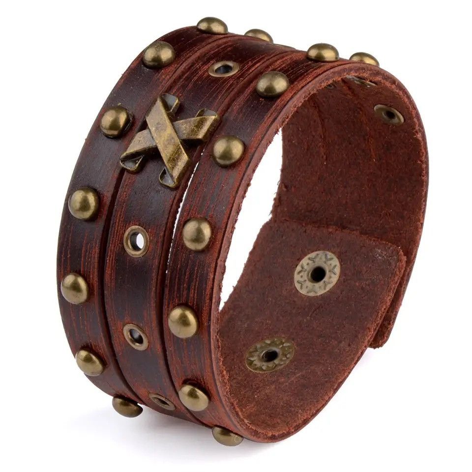 Leather × Vintage Chanfar Hot Fashion Punk Rivet Wide Leather Bracelets Size ONE SIZE - 1 Preview