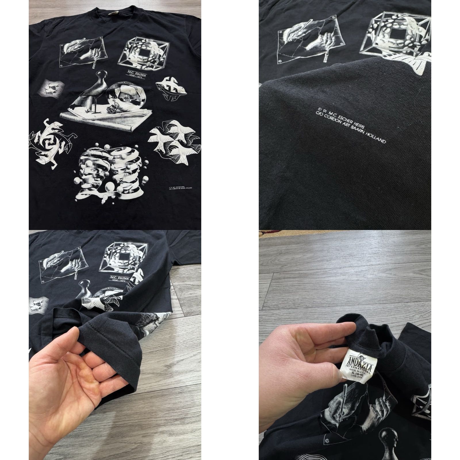 VINTAGE MC ESCHER T-Shirt All Over Print Black Tee ANDAZIA XL Mens