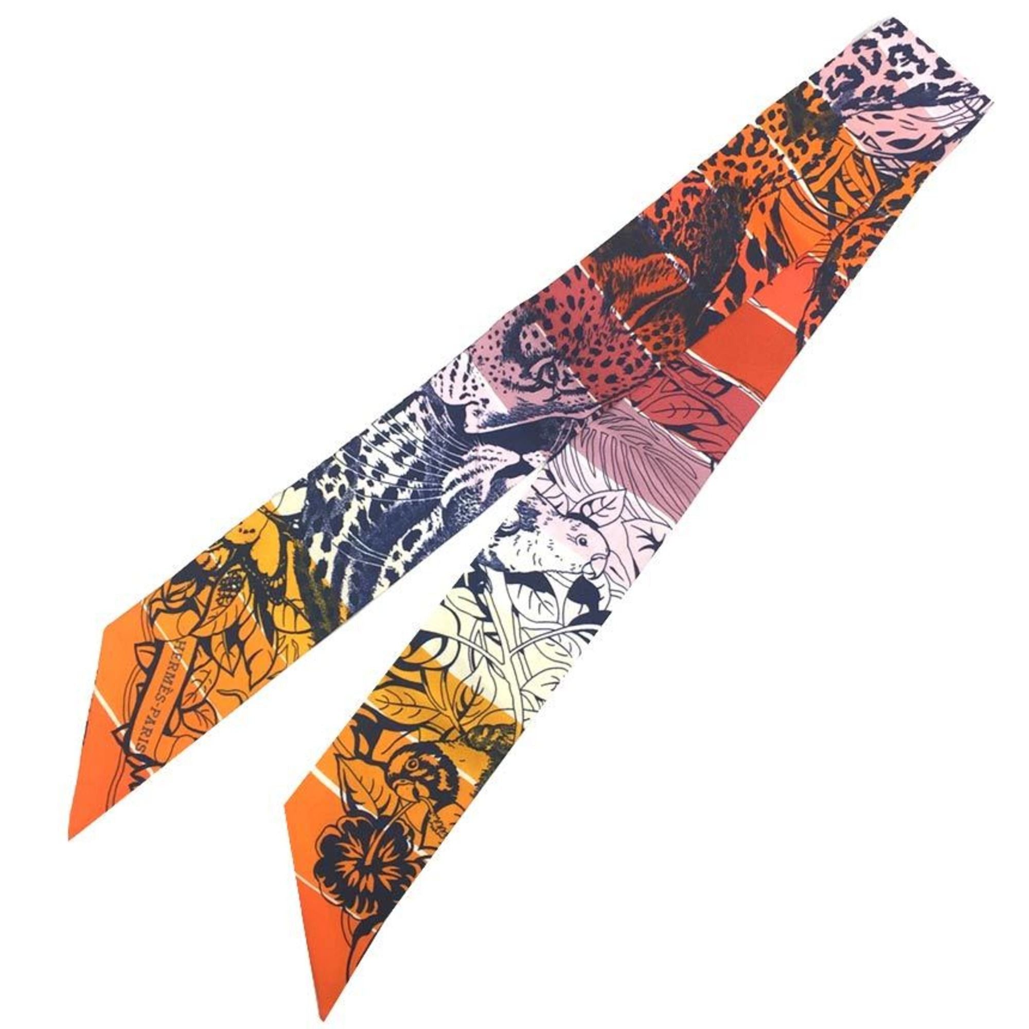 image of Hermes Twilly Scarf Muffler Jungle Love Rainbow 2019 Orange/ankle/beauty Rose Leopard 100% Silk in 