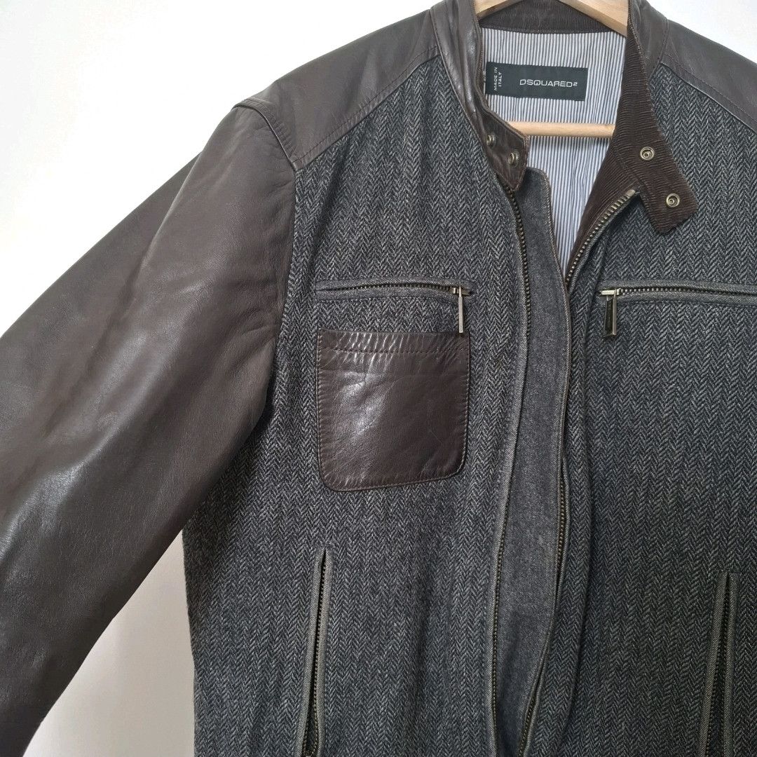 Dsquared2 DSQUARED2 Vintage Brown Leather Wool Zip Up Biker Jacket Size US XL / EU 56 / 4 - 6 Thumbnail