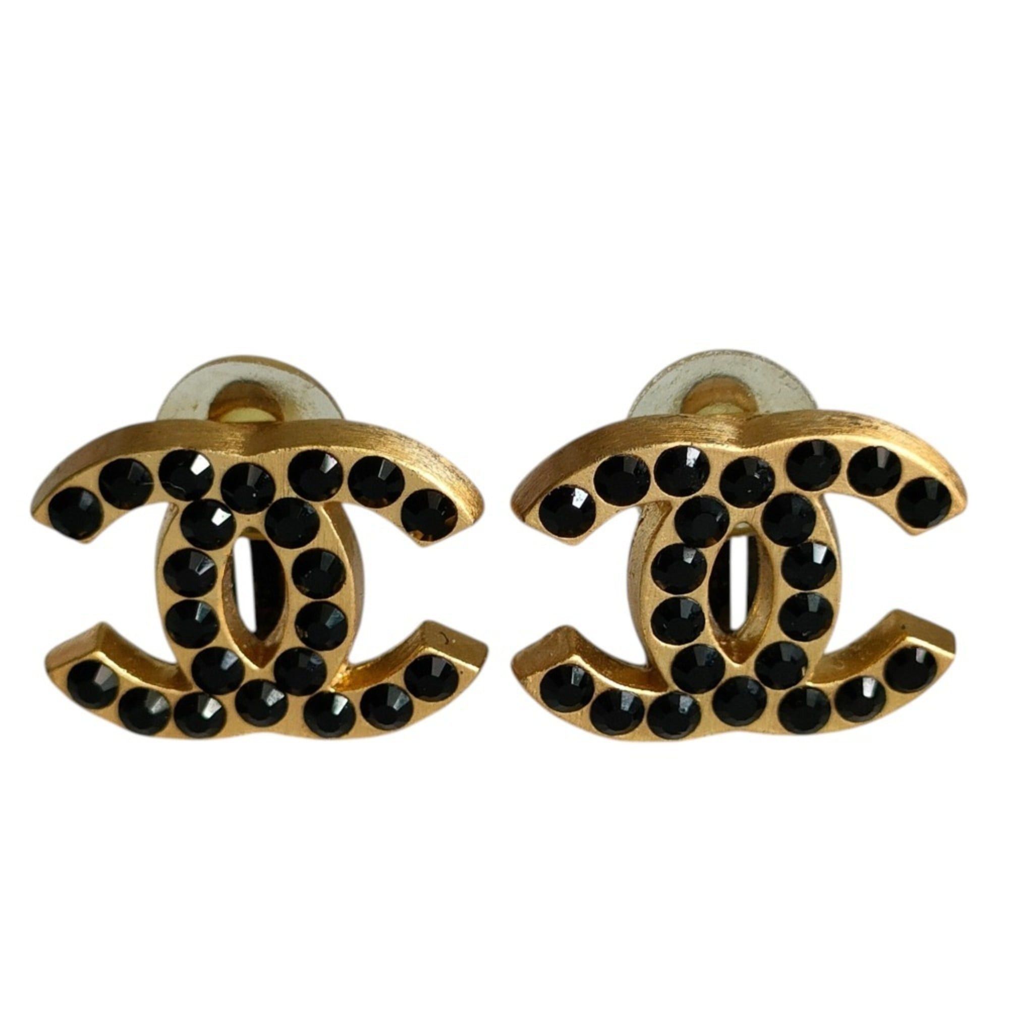 Chanel CHANEL 01A Coco Mark Black Rhinestone Clip Earrings with Box, Gold Color, Women's Size ONE SIZE - 1 Thumbnail