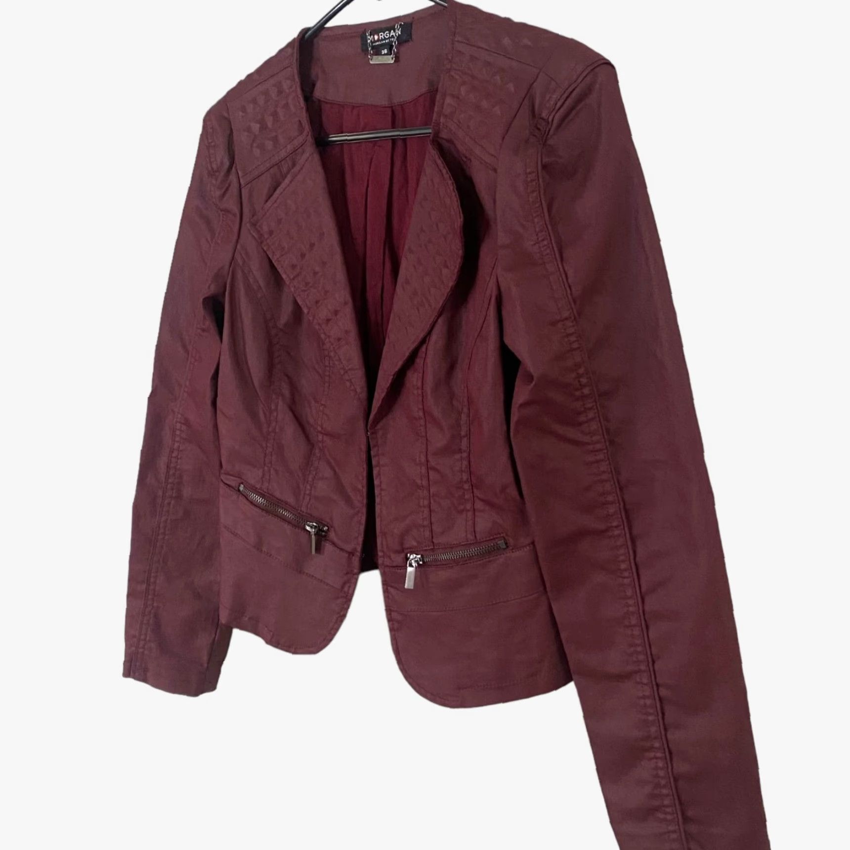 Morgan De Toi VINTAGE Morgan Studded Moto Blazer Jacket Women's 38 Burgundy Red Waxed Long Sleeve Jacket Zipped Pockets Motorcycle Theme Mens Womens Girls Size XS / US 0-2 / IT 36-38 - 2 Thumbnail