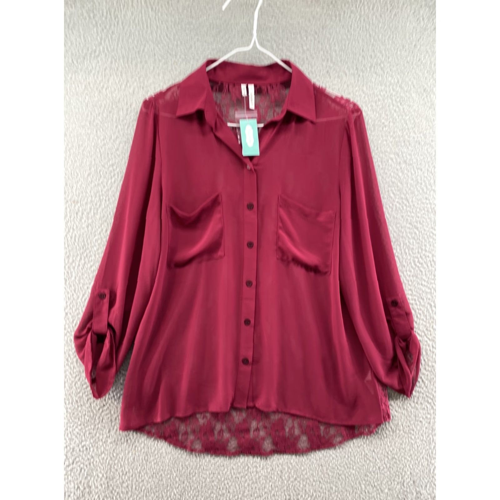 Vintage Maurices Studio Y Sheer Lace Button Up Roll Tab Sleeve Blouse Size M Red Womens Blouse New Size M / US 6-8 / IT 42-44 - 2 Thumbnail