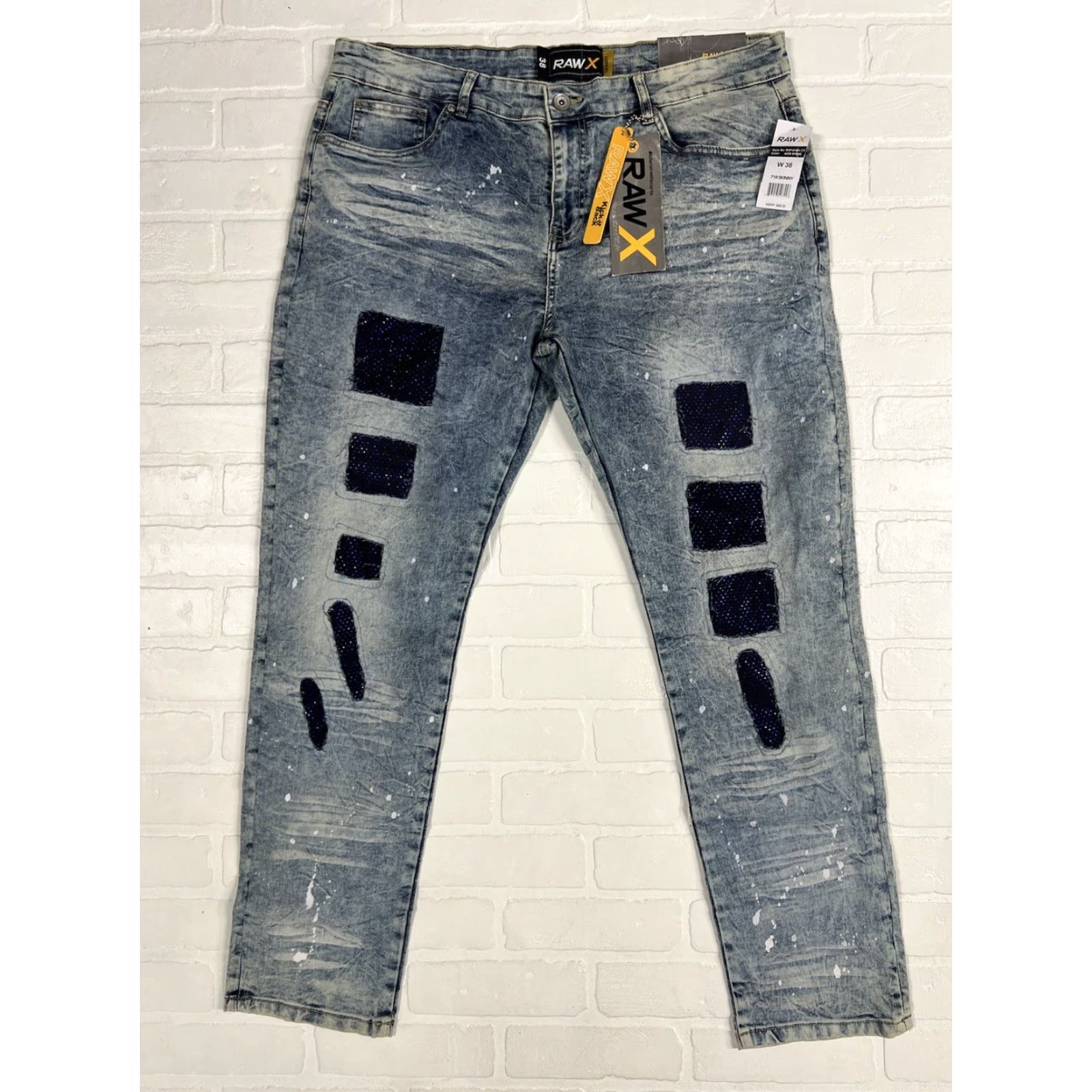 Denime Raw X Jeans Men’s 38 Skinny Stretch Blue Denim Patchwork Studs NWT Modern City Hip Hop Retro Jeans Size US 38 / EU 54 - 2 Thumbnail