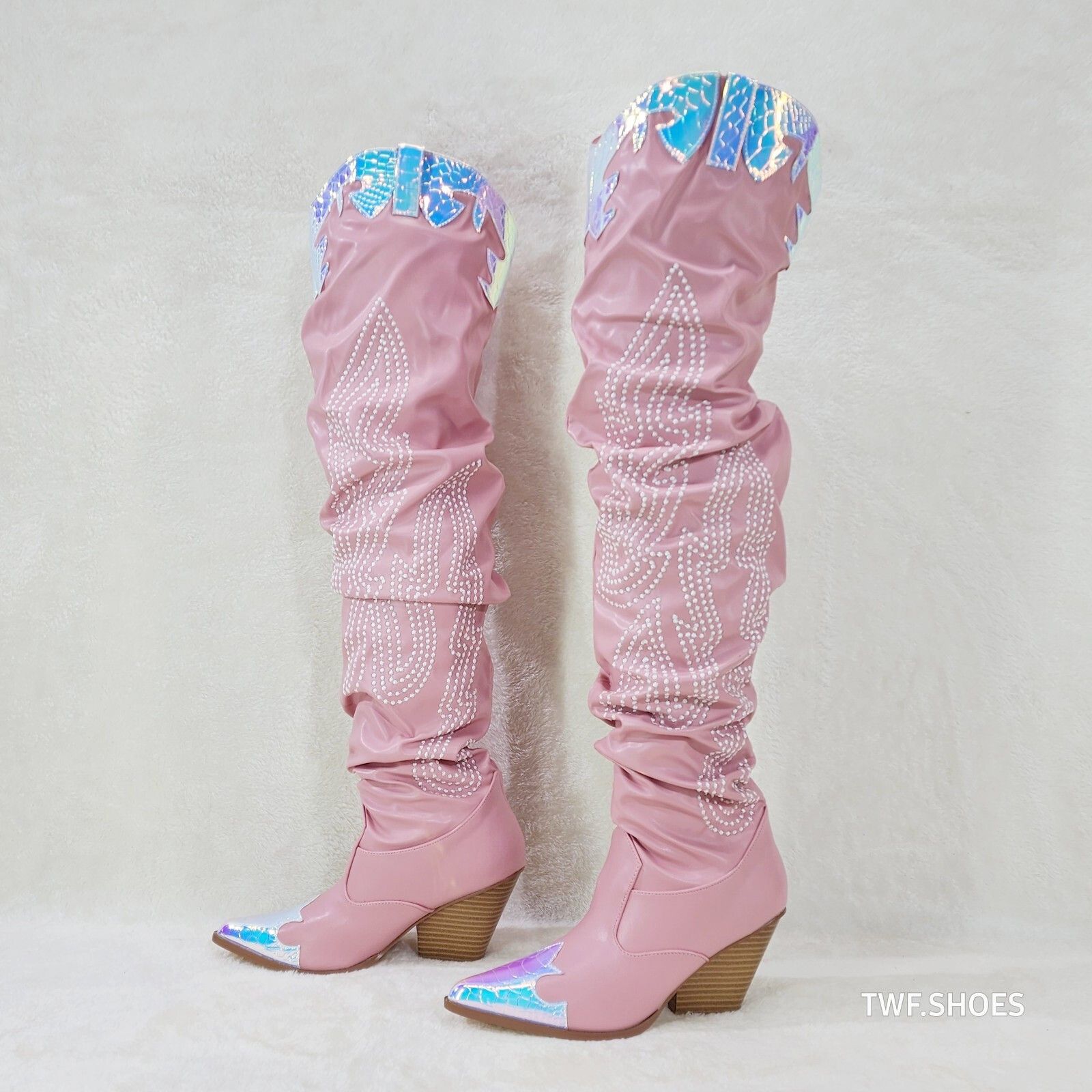 Other Iconic Country Western Thigh high Cowgirl Boots Baby Pink Ho Size US 6 / IT 36 - 9 Thumbnail