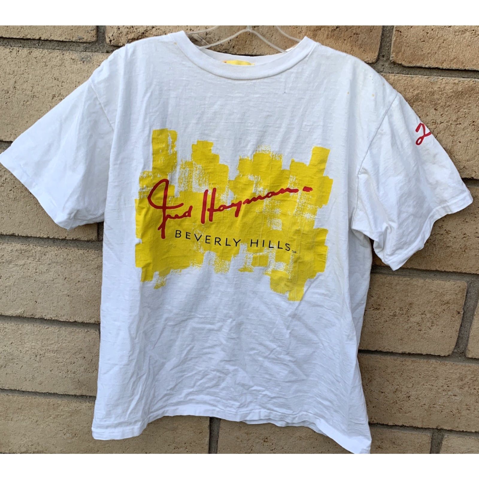 FRED VINTAGE Fred Hayman Beverly Hills T-Shirt One Size White 80s California Graphic Print Single Stitch Mens Womens Unisex Adults Size US M / EU 48-50 / 2 - 5 Thumbnail