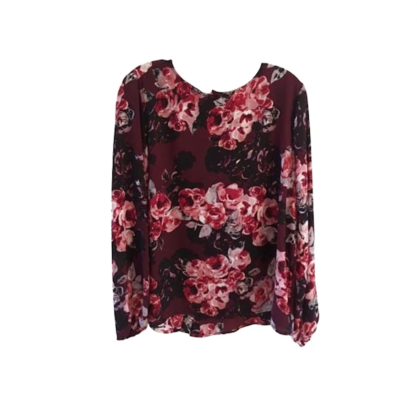 Vintage Philosophy Blouse XS Long Sleeve Round Neck Back Button Shirred Cuffs Solid Burgundy Floral 100% Polyester Women’s Shirt Casual Workwear Size XS / US 0-2 / IT 36-38 - 2 Thumbnail