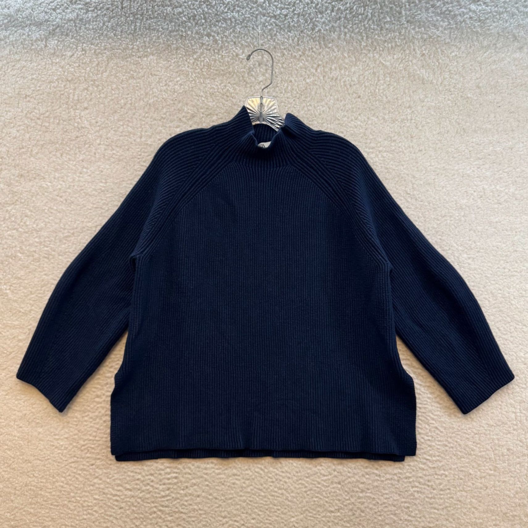 Zara Zara Mock Neck Sweater Large Navy Black Rib Knit Side Slit Balloon Sleeve Modern Women L Blue Pullover Knit Apparel Size L / US 10 / IT 46 - 2 Thumbnail