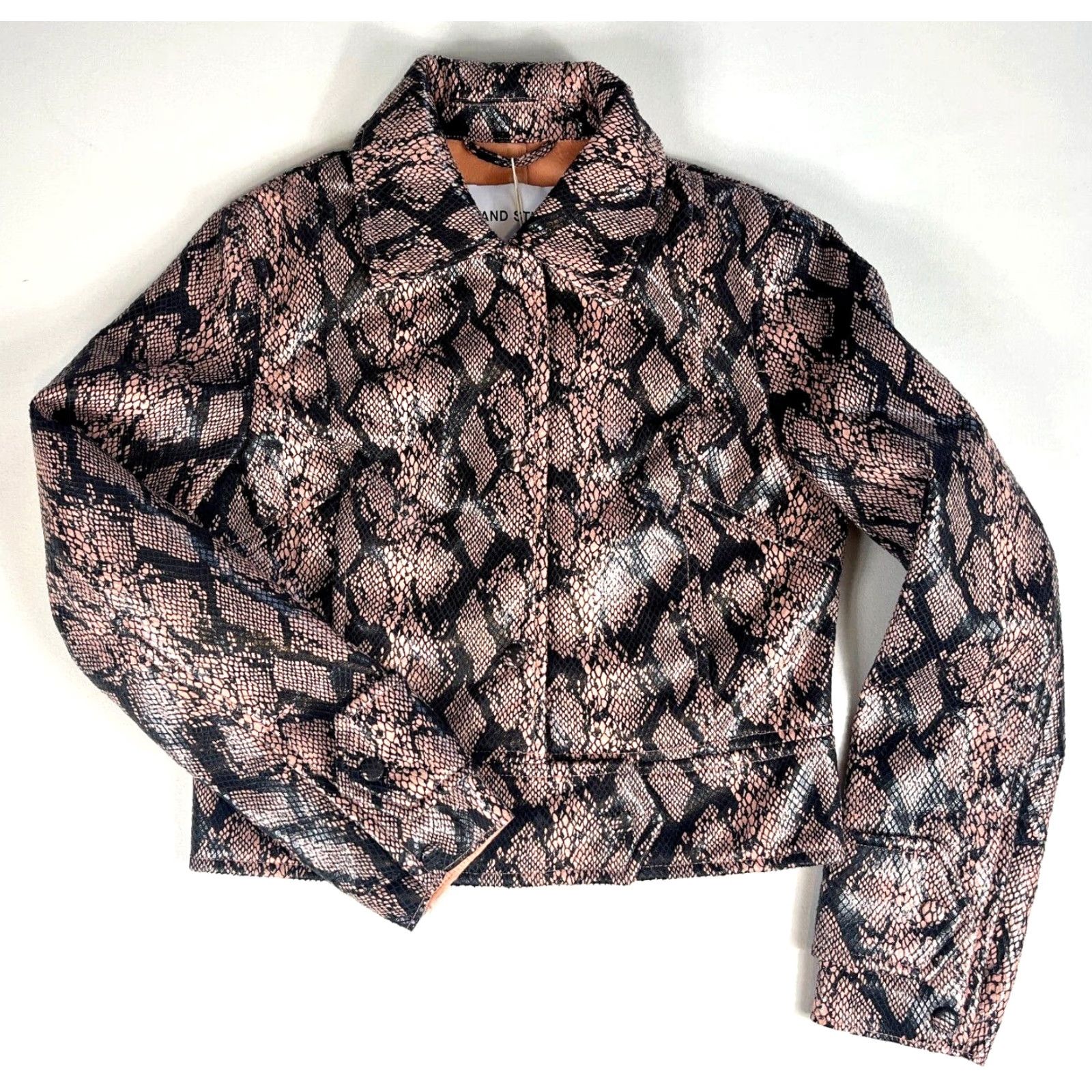STAND STUDIO NWT Stand Studio Erin Jacket Faux Snake XS Womens Peach Snake Short Long Sleeve Bike Ripper City Designer Pockets Collared Jacket Woman US 4/XS Size XS / US 0-2 / IT 36-38 - 5 Thumbnail